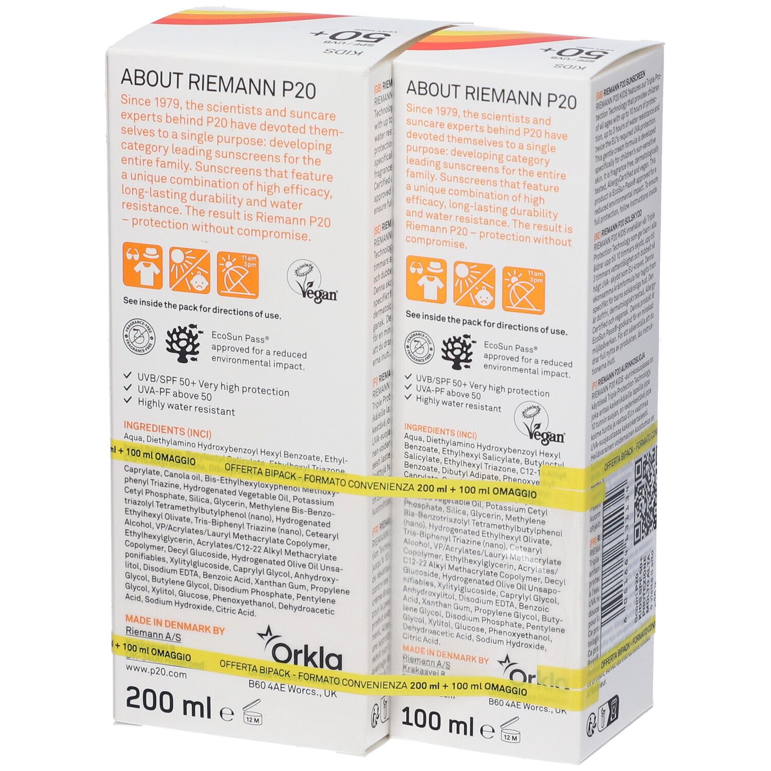 Retro di due confezioni P20 KIDS SPF50+. Testo sugli ingredienti, vegano e test dermatologici. 200 ml + 100 ml omaggio.
