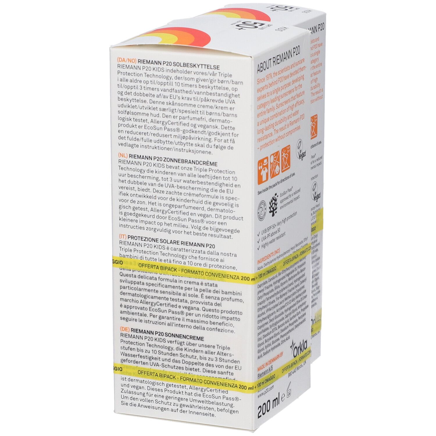 Due confezioni P20 KIDS SPF50+. Testo in diverse lingue. Offerta: 200ml + 100ml omaggio. Dermatologicamente testato.