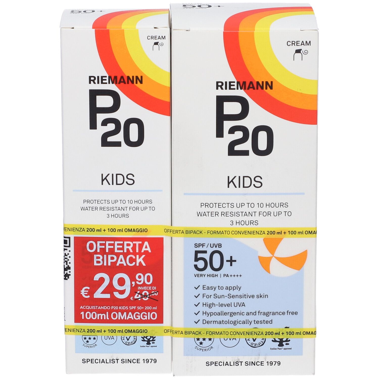 Due confezioni P20 KIDS SPF50+. Indicazione: SPF 50+, resistente all'acqua fino a 10 ore. Offerta: 200ml + 100ml omaggio. Prezzo: 29,90€.