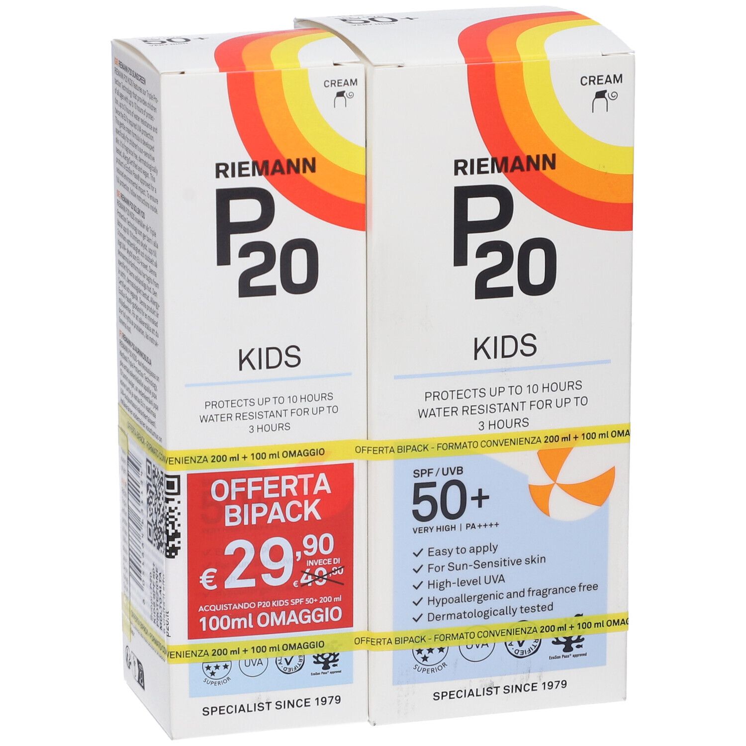 Due confezioni P20 KIDS SPF50+. Indicazione: SPF 50+, resistente all'acqua fino a 10 ore. Offerta: 200ml + 100ml omaggio. Dermatologicamente testato.