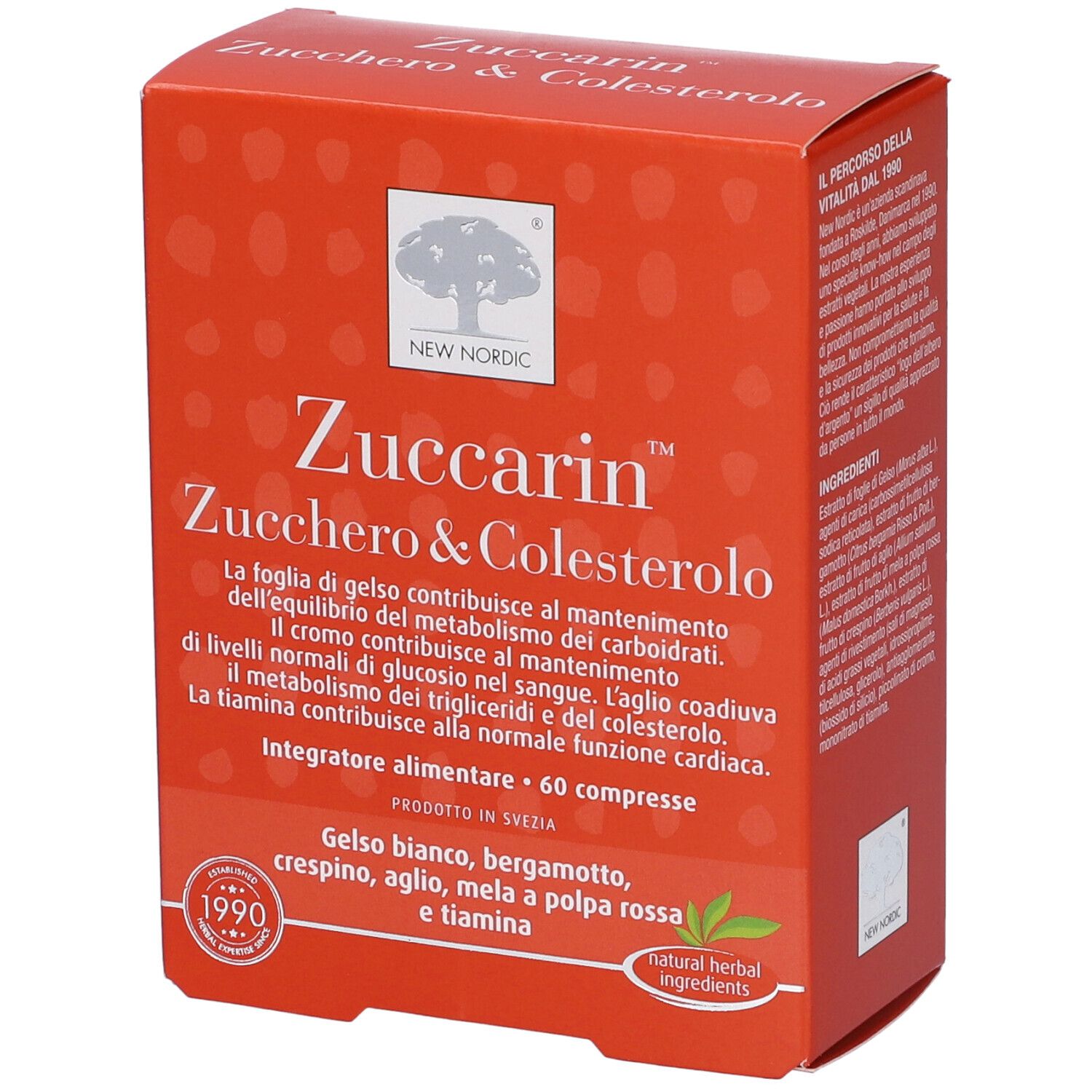 Scatola Zuccarin arancione. Nome e logo del prodotto. Contiene 60 compresse. Ingredienti visibili.