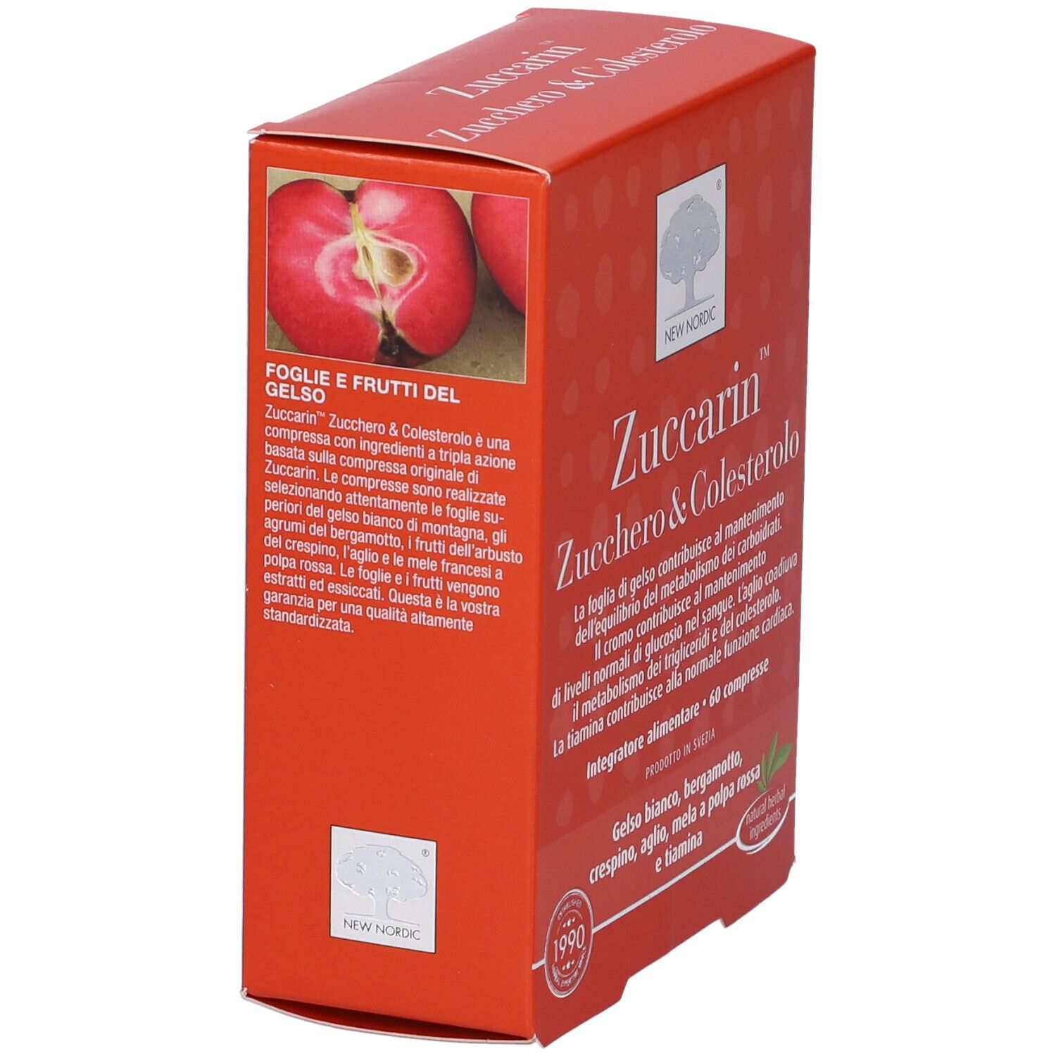 Scatola Zuccarin arancione. Nome e logo del prodotto. Contiene 60 compresse. Ingredienti visibili.