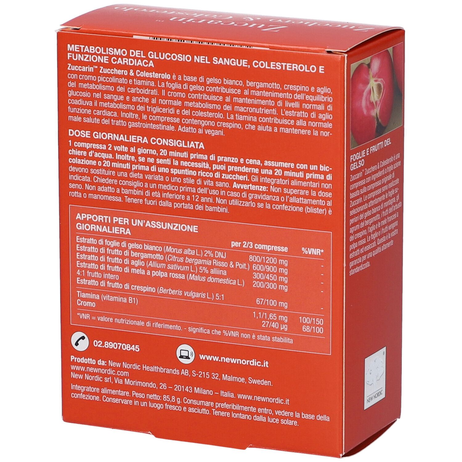 Scatola Zuccarin arancione. Nome e logo del prodotto. Contiene 60 compresse. Ingredienti visibili.