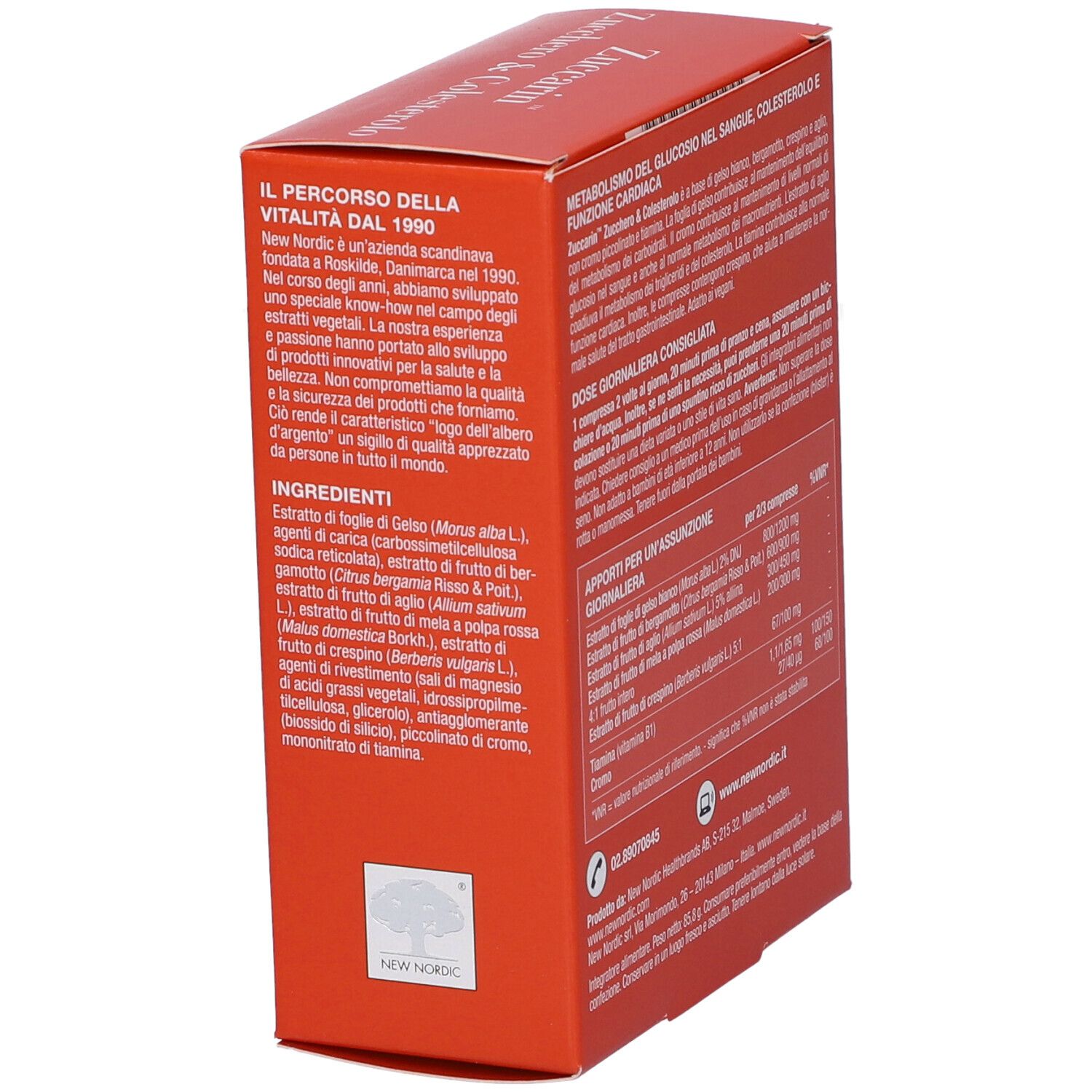 Scatola Zuccarin arancione. Nome e logo del prodotto. Contiene 60 compresse. Ingredienti visibili.