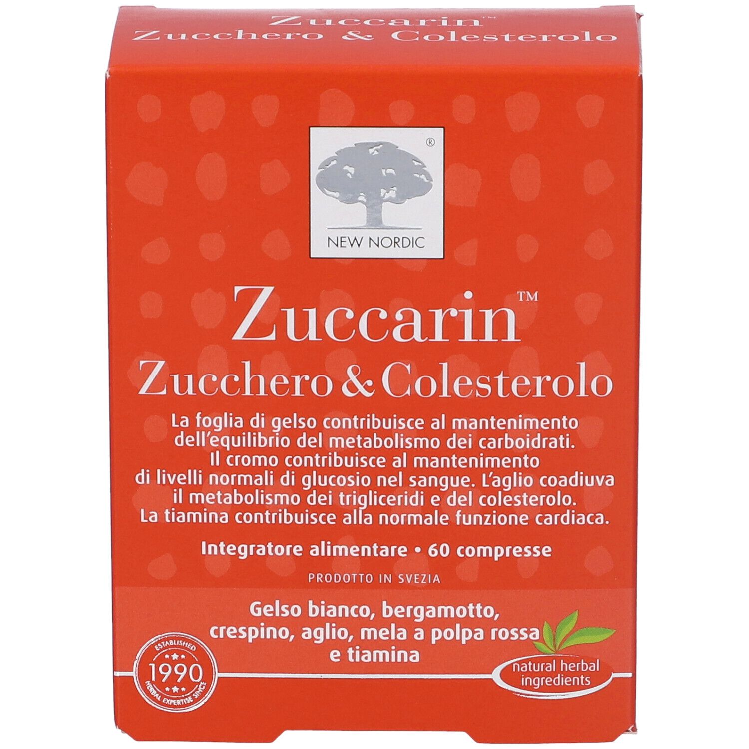Scatola Zuccarin arancione. Nome e logo del prodotto. Contiene 60 compresse. Ingredienti visibili.