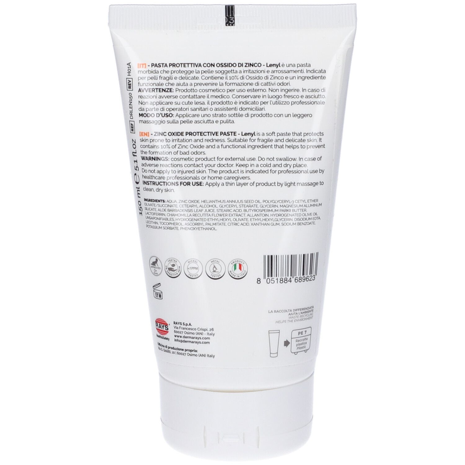 Retro del tubo con testo e simboli. Ingredienti e avvertenze. Codice a barre e informazioni produttore.