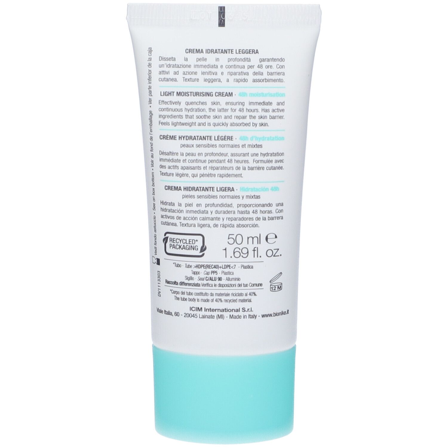 Retro del tubo. Testo multilingue. Base turchese. Logo Recycled Packaging.