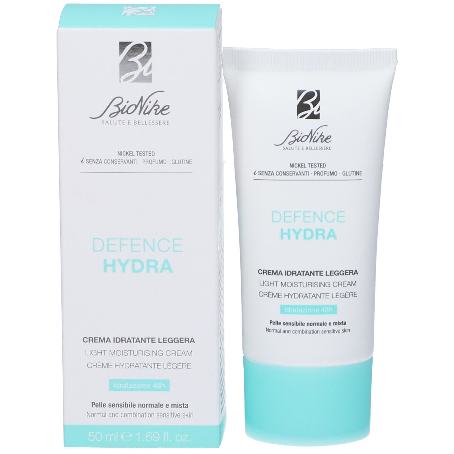 Confezione del prodotto: tubo e scatola. Tubo bianco con base turchese. Scatola bianca con coperchio turchese. Marchio Bionike.