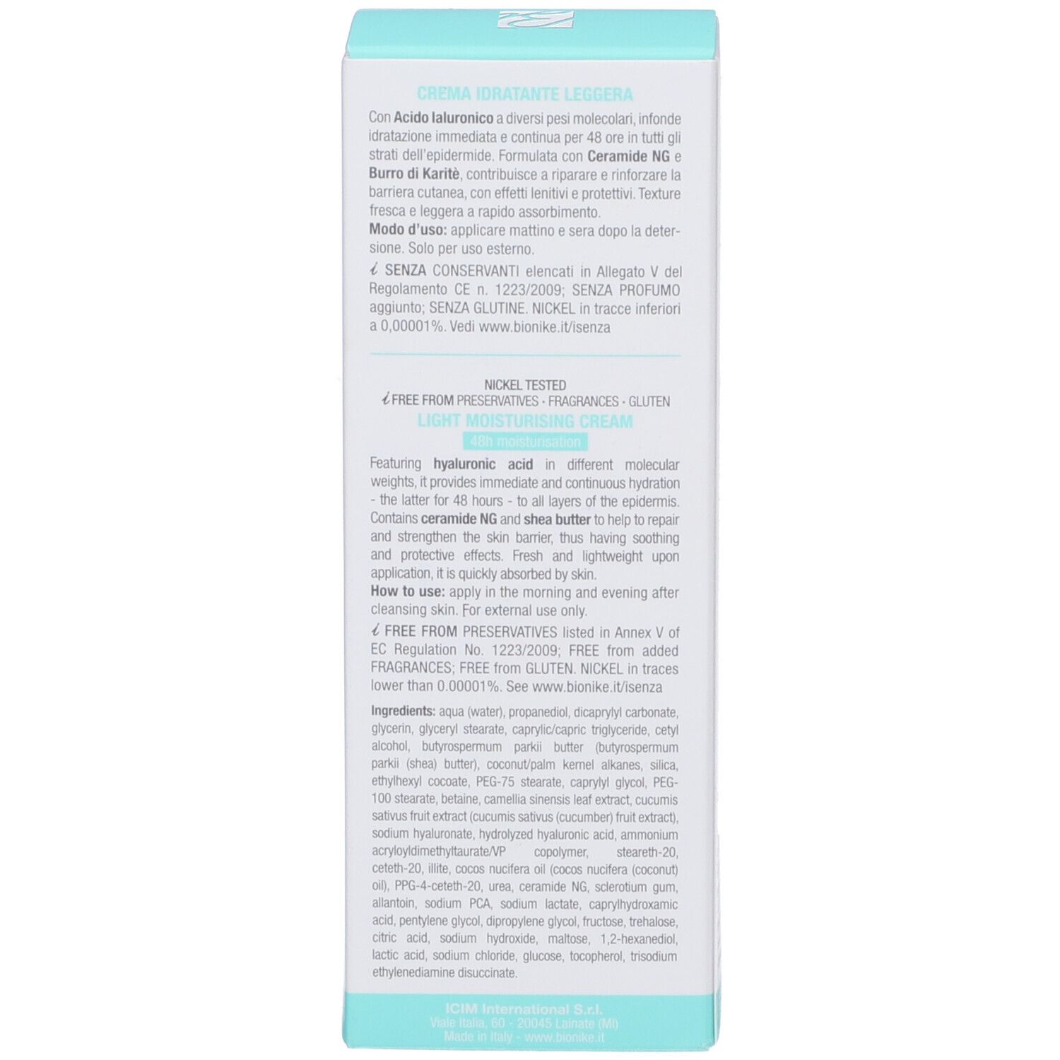 Scatola, lato con testo. Coperchio turchese. Testo in inglese. Ingredienti.