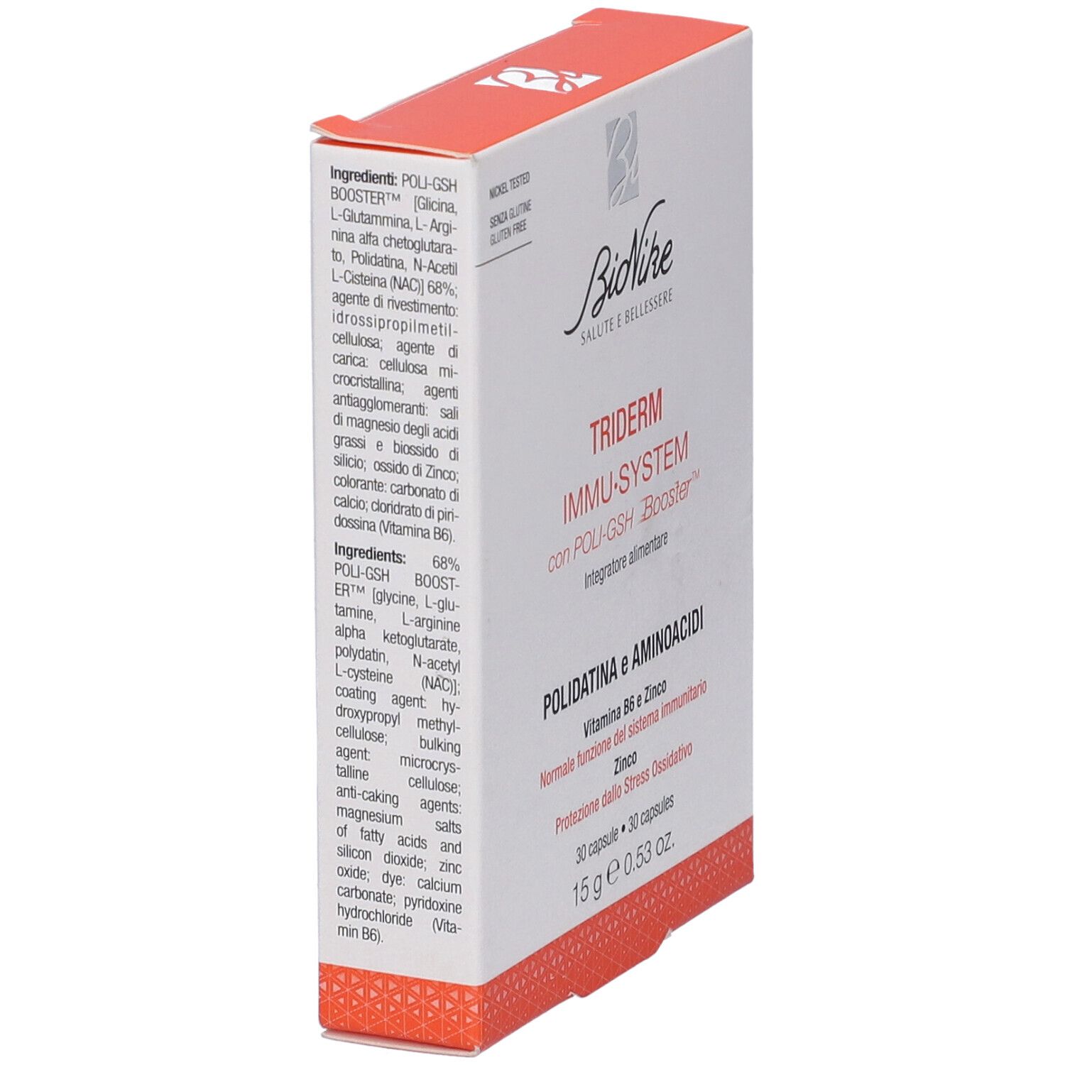 Scatola BioNike Triderm Immu System. Testo e lista ingredienti. Bordo rosso, sfondo bianco.