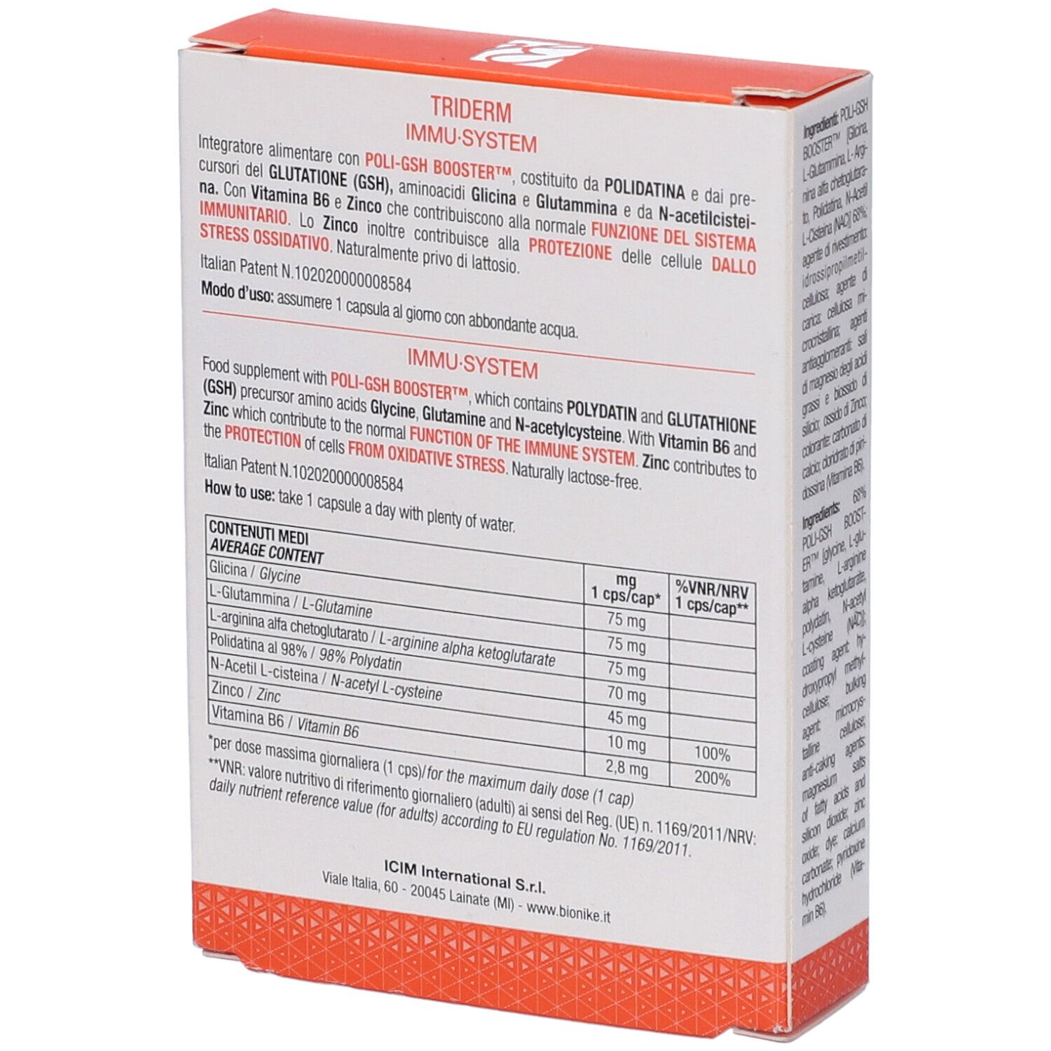 Retro scatola BioNike Triderm Immu System. Testo con informazioni e modalità d'uso.