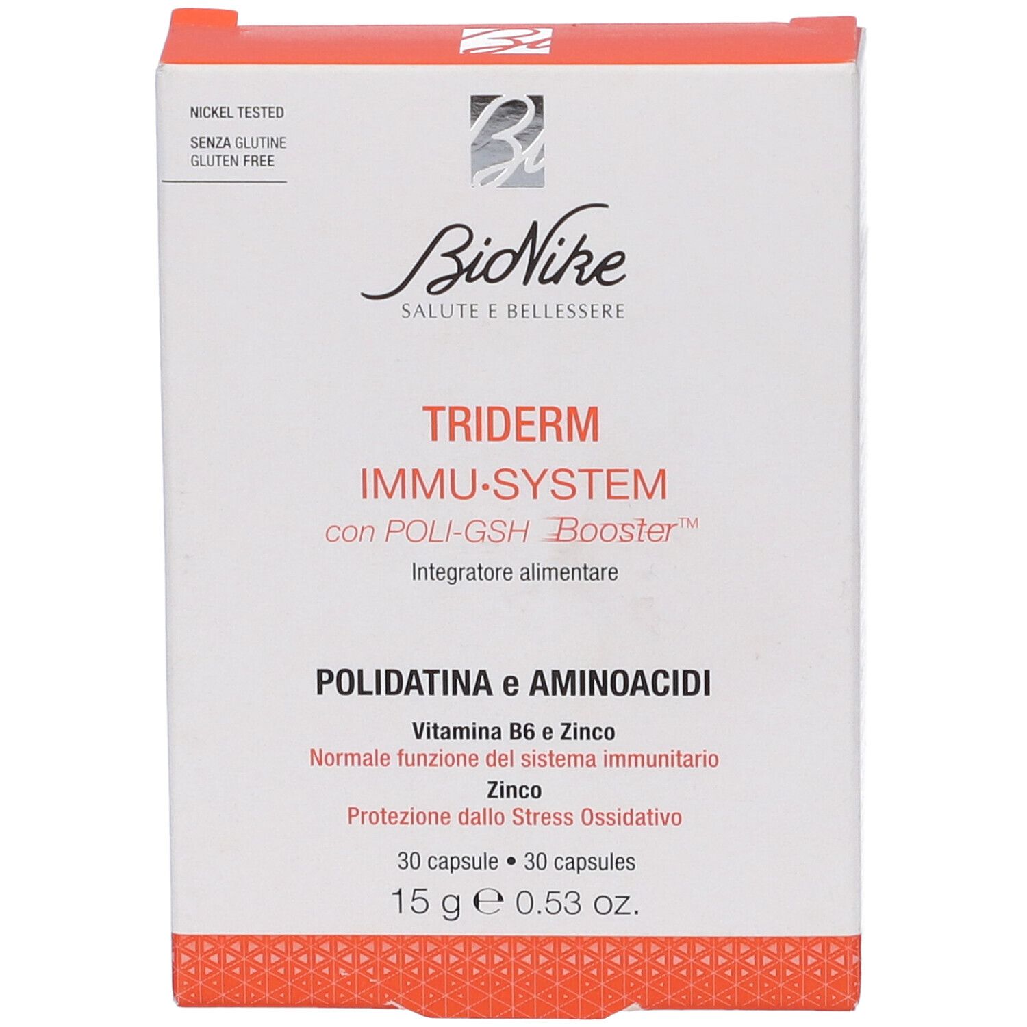 Scatola BioNike Triderm Immu System. Scritta: Polidatina e Aminoacidi, 30 capsule. Bordo rosso, sfondo bianco.