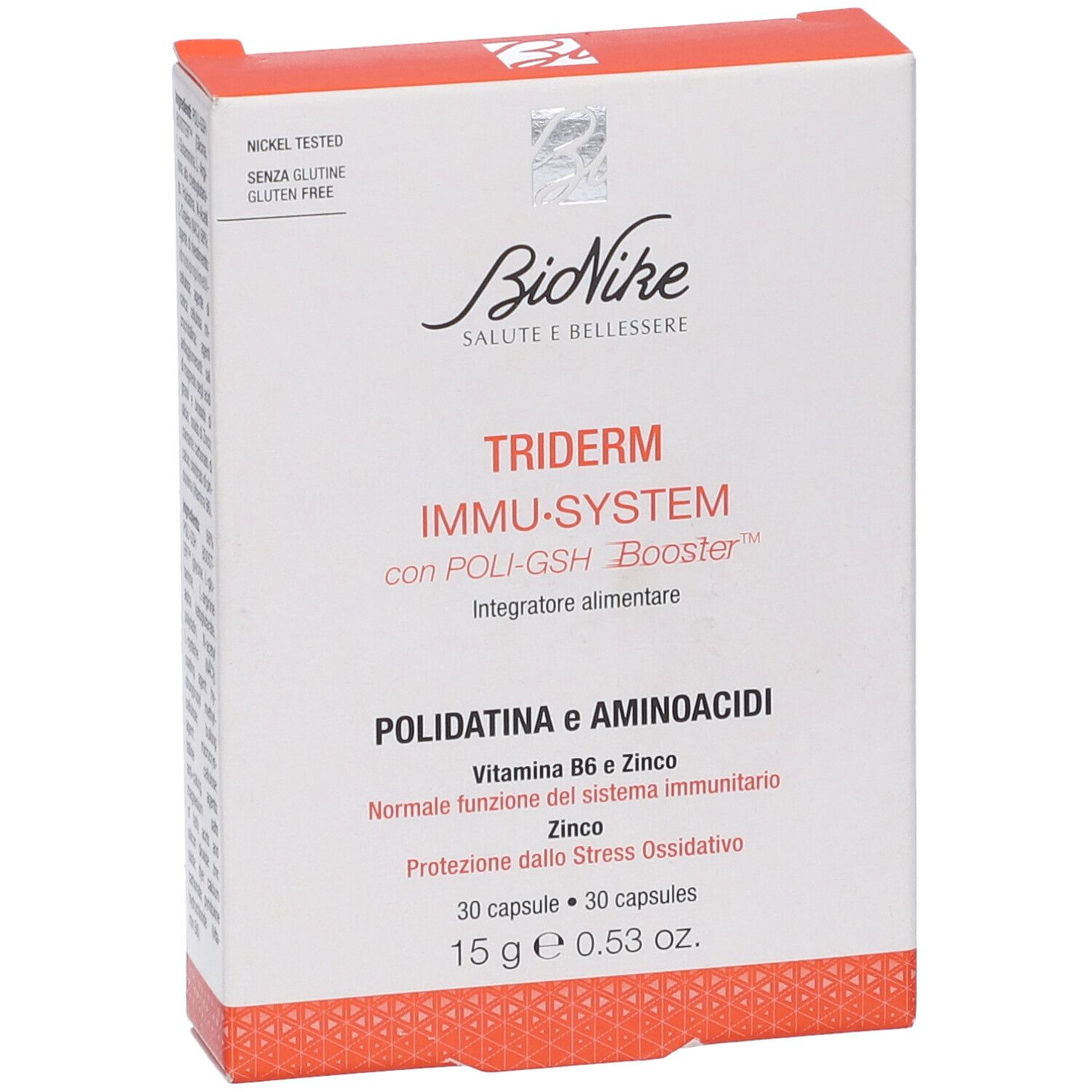 Scatola BioNike Triderm Immu System. Scritta: Polidatina e Aminoacidi, 30 capsule. Bordo rosso, sfondo bianco.