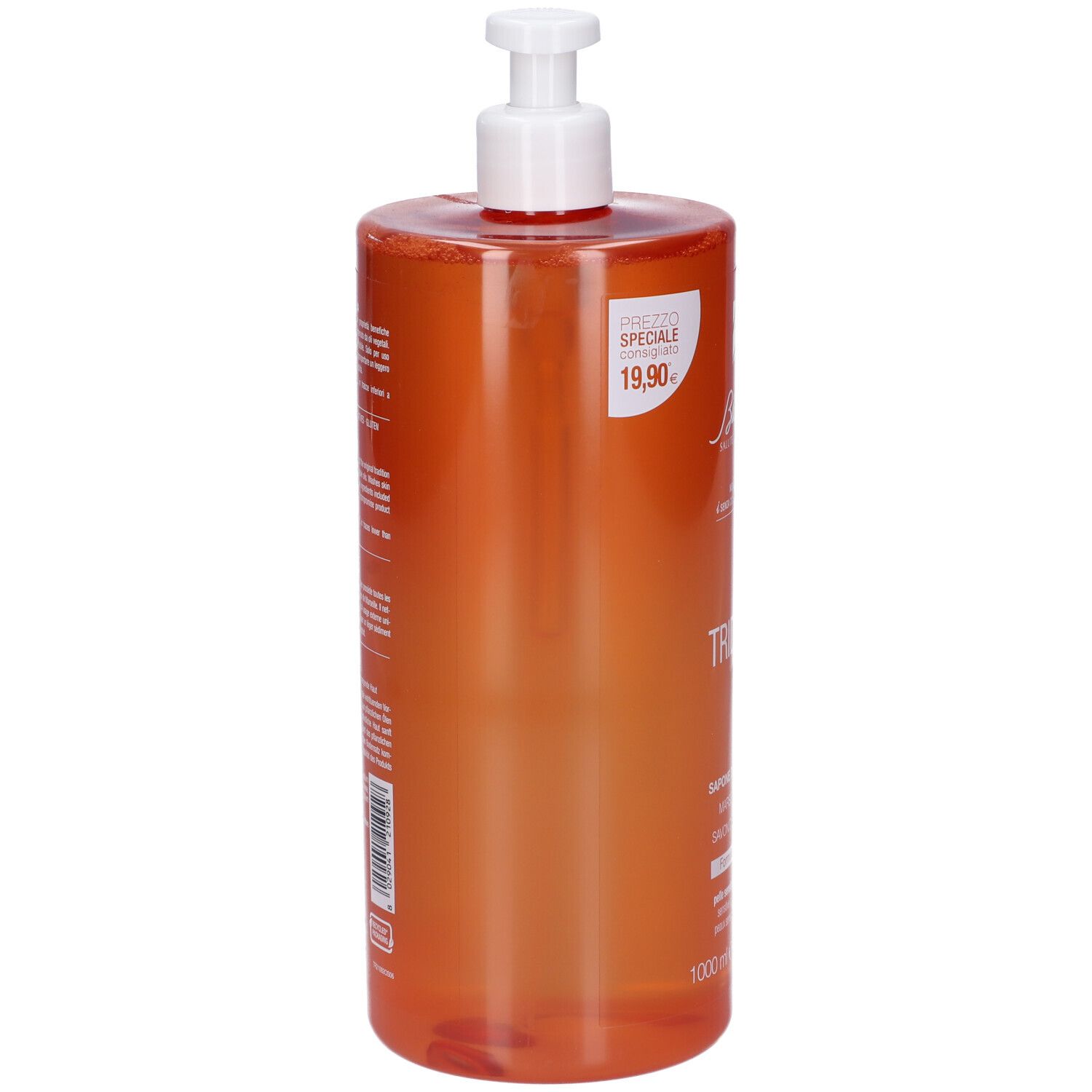 Bionike Triderm Sapone di Marsiglia. Flacone arancione con dosatore a pompa. Testo sul retro.