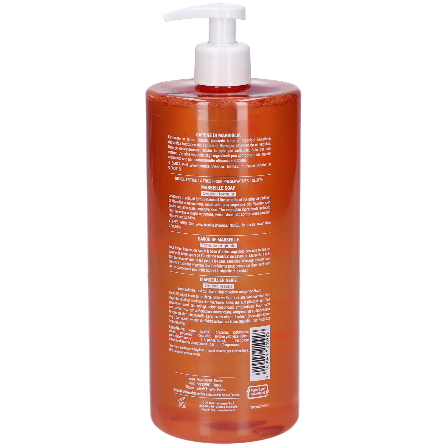 Bionike Triderm Sapone di Marsiglia. Flacone arancione con dosatore a pompa. Testo sul retro.