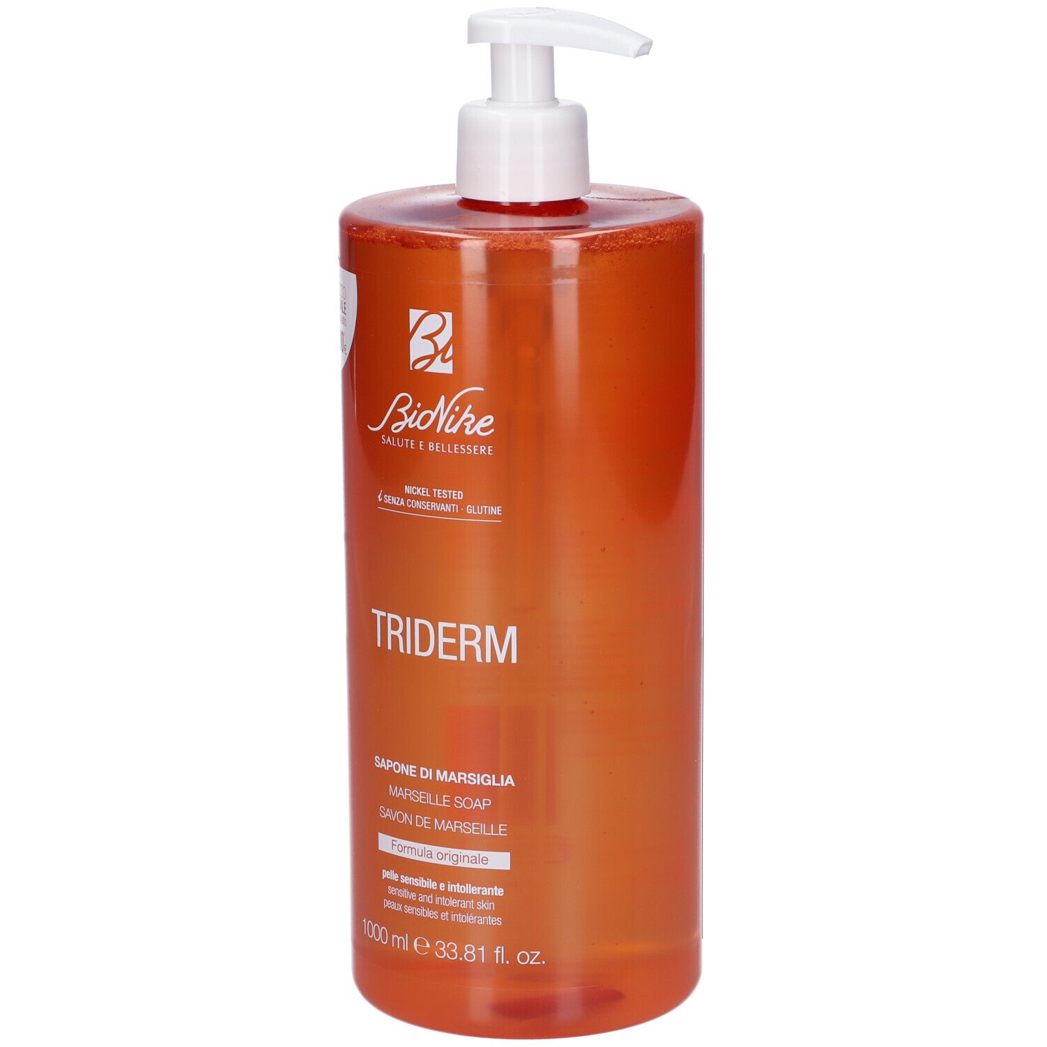 Bionike Triderm Sapone di Marsiglia. Flacone arancione con dosatore a pompa. Scritta: Triderm, Sapone di Marsiglia, 1000 ml.