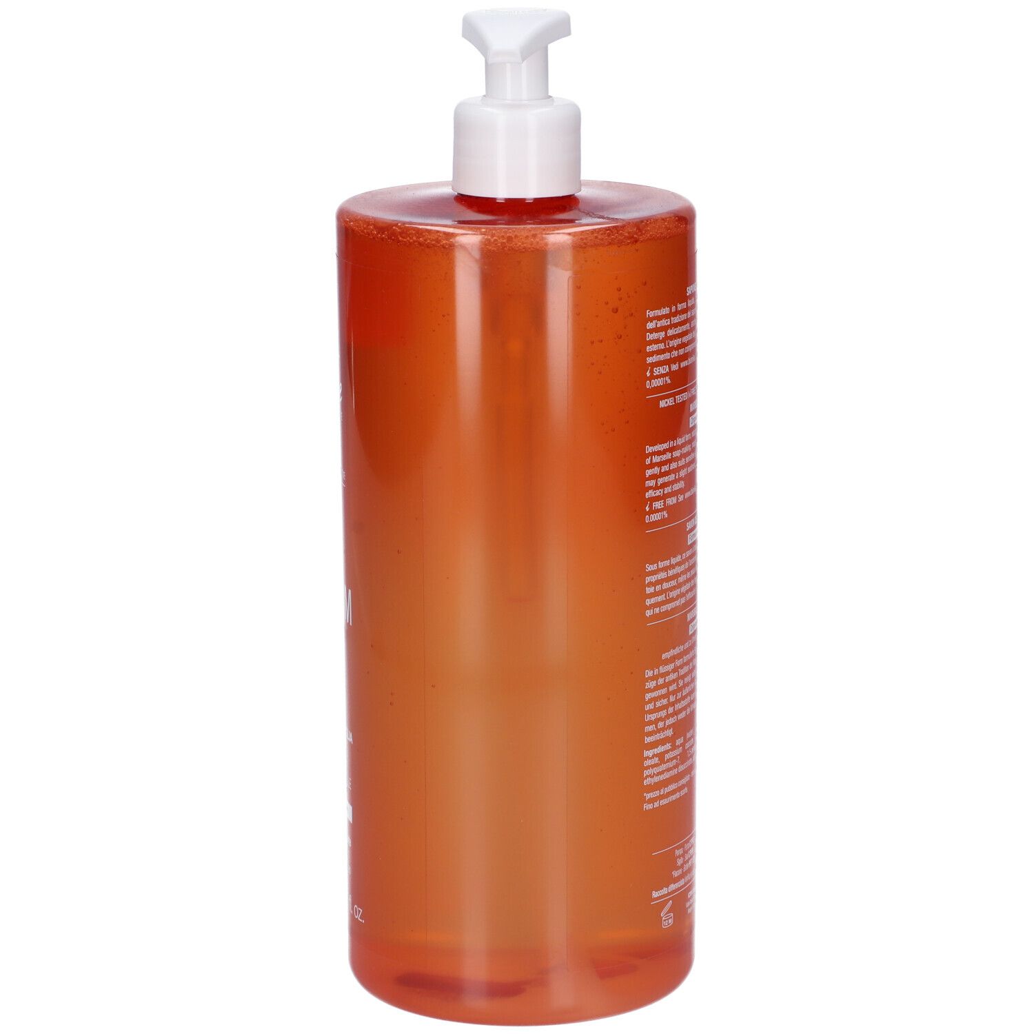 Bionike Triderm Sapone di Marsiglia. Flacone arancione con dosatore a pompa. Testo sul retro.