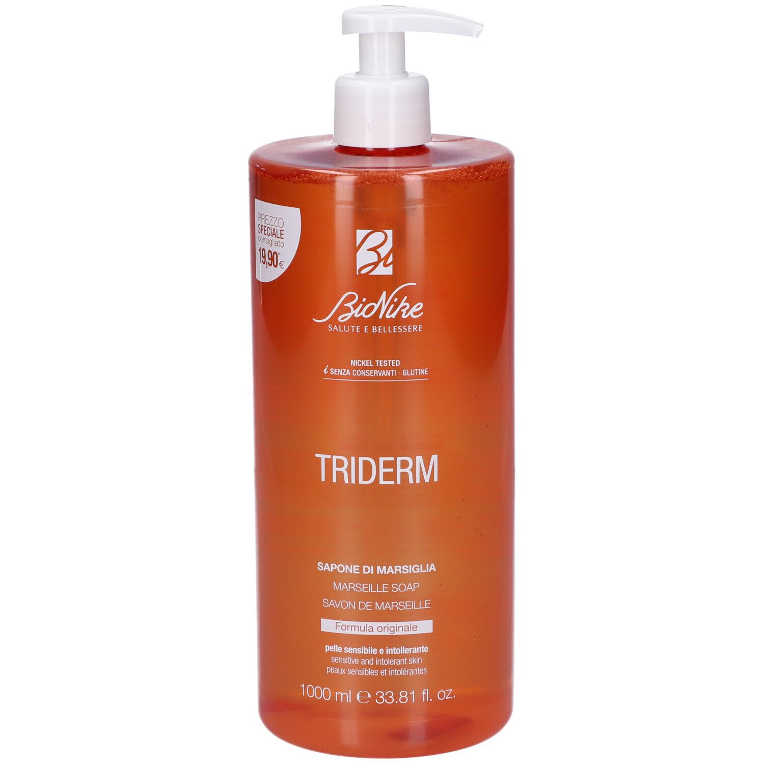 Bionike Triderm Sapone di Marsiglia. Flacone arancione con dosatore a pompa. Scritta: Triderm, Sapone di Marsiglia, 1000 ml.