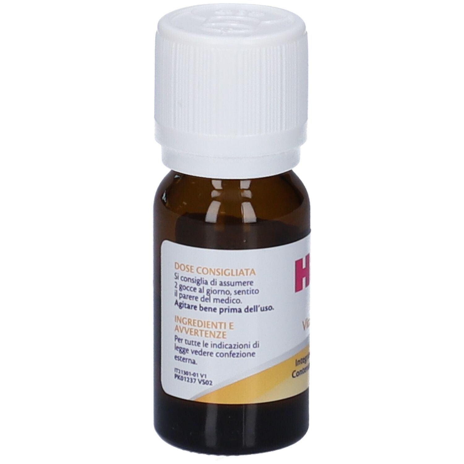 Flacone di vetro marrone con tappo bianco. Etichetta con testo su dosaggio e ingredienti.