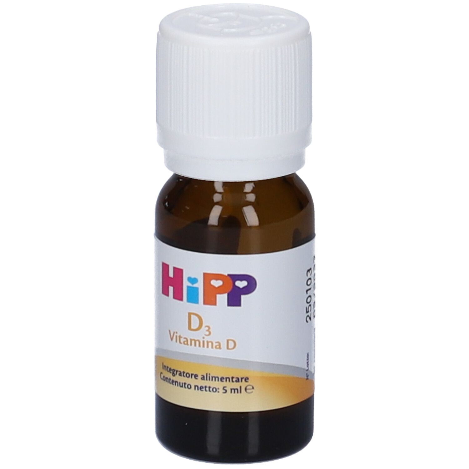 Flacone di vetro marrone con tappo bianco. Etichetta con HiPP D3 Vitamina D e testo.