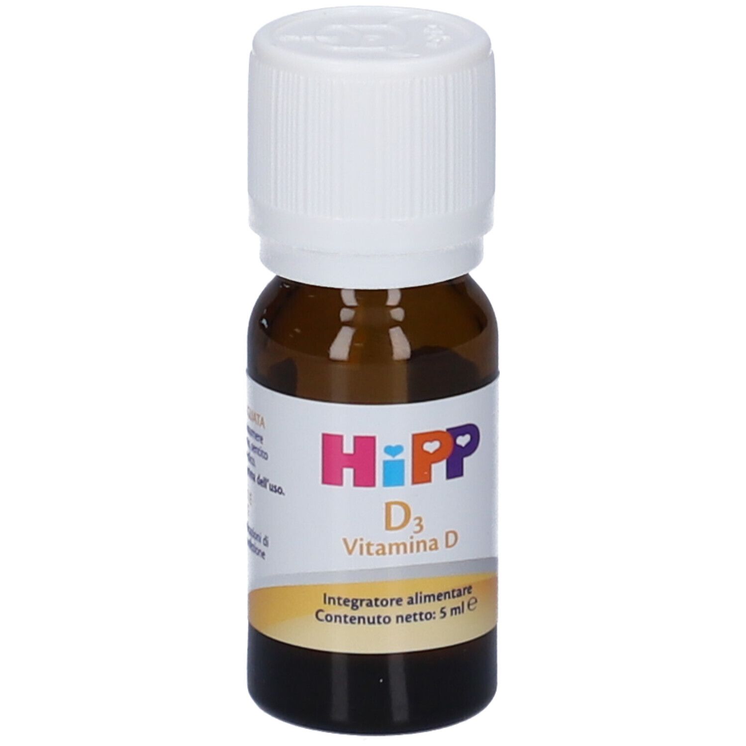 Flacone di vetro marrone con tappo bianco. Etichetta con HiPP D3 Vitamina D e testo.
