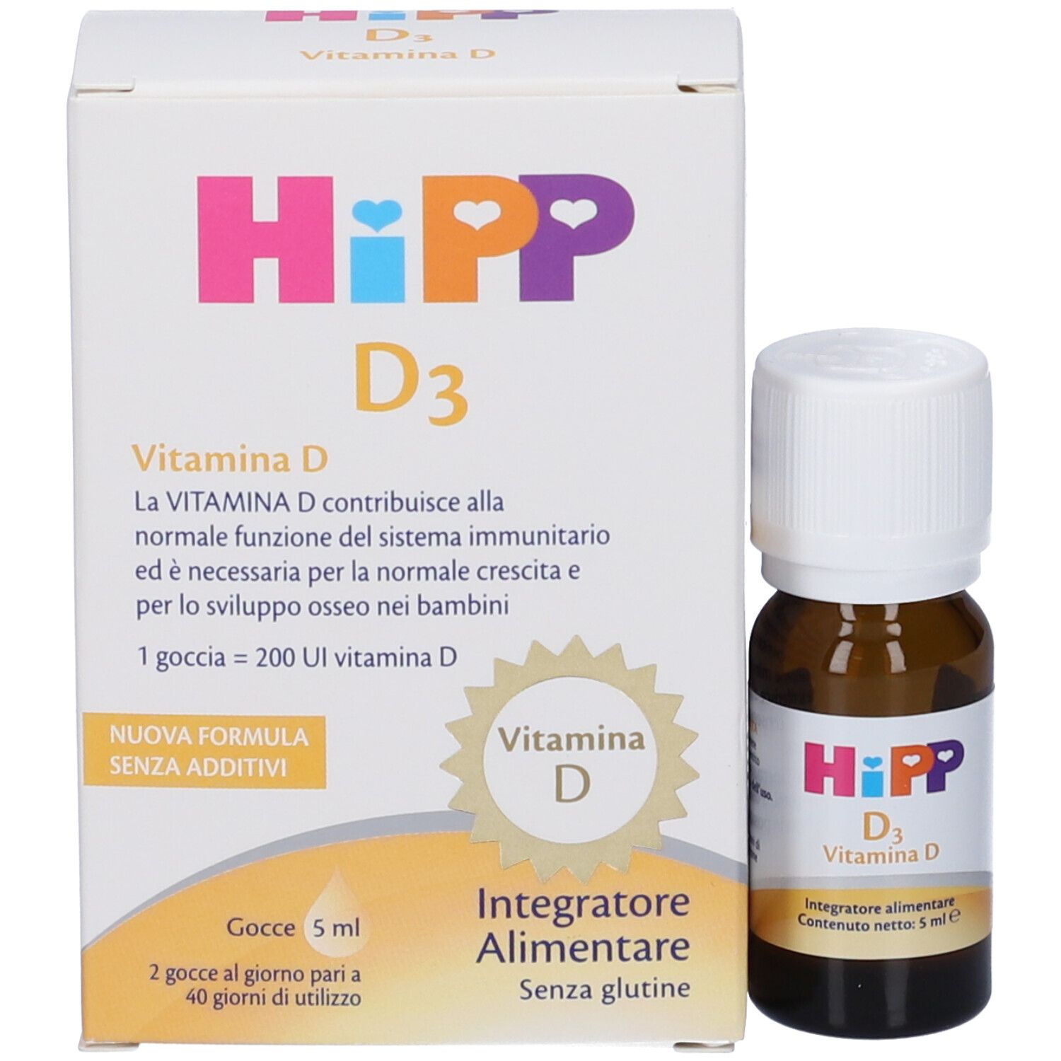 Flacone e confezione HiPP D3 Vitamina D Gocce. Confezione con nome del prodotto, testo e logo.