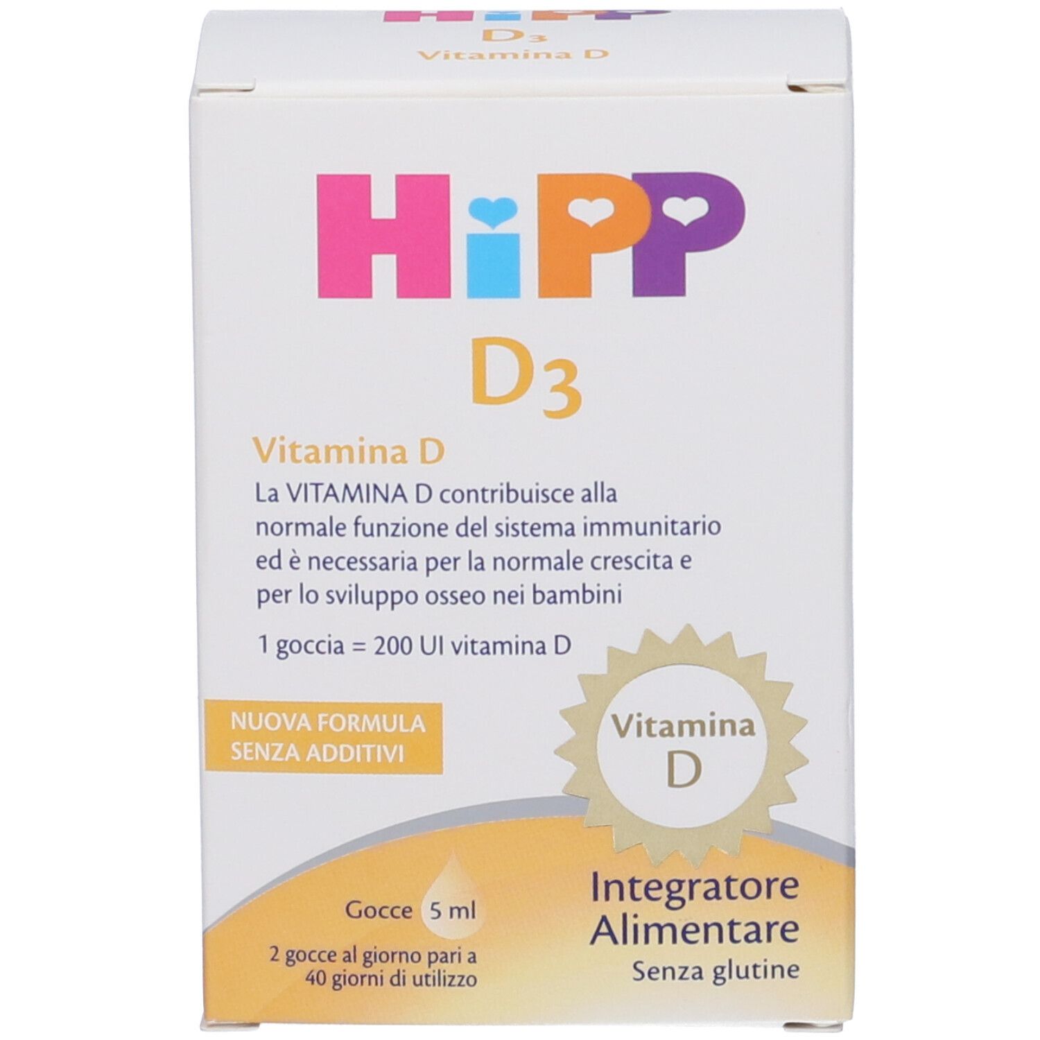 Confezione di HiPP D3 Vitamina D Gocce. Bianca con nome del prodotto, testo e logo.