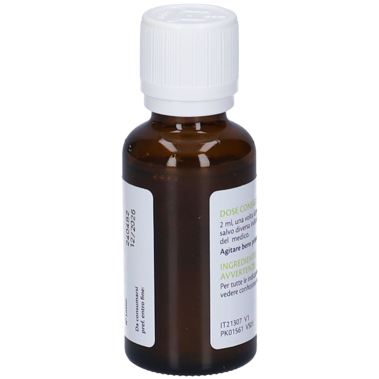 Flacone di vetro marrone con tappo bianco. Etichetta con data di scadenza. Vista posteriore.