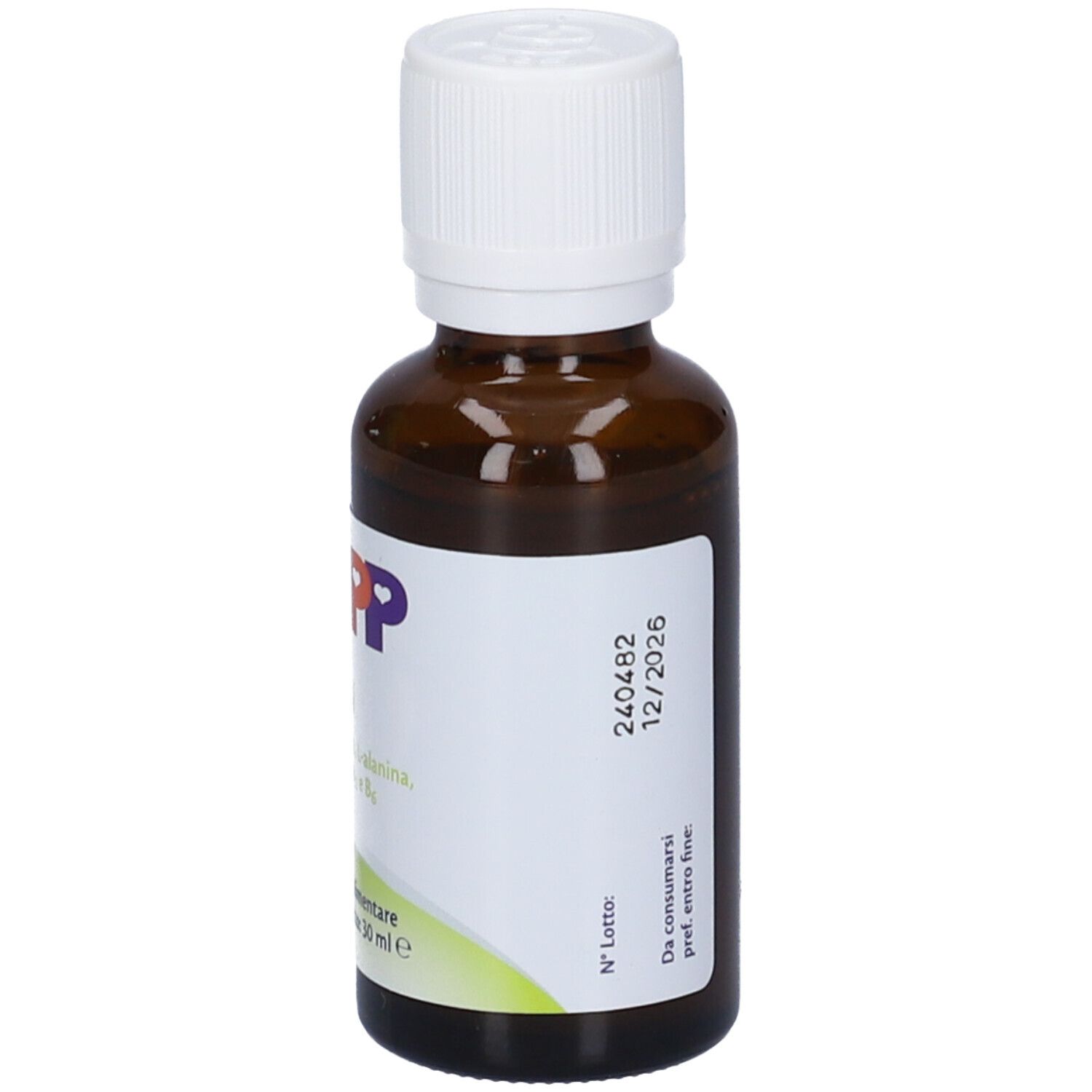 Flacone di vetro marrone con tappo bianco. Etichetta con data di scadenza. Vista posteriore.