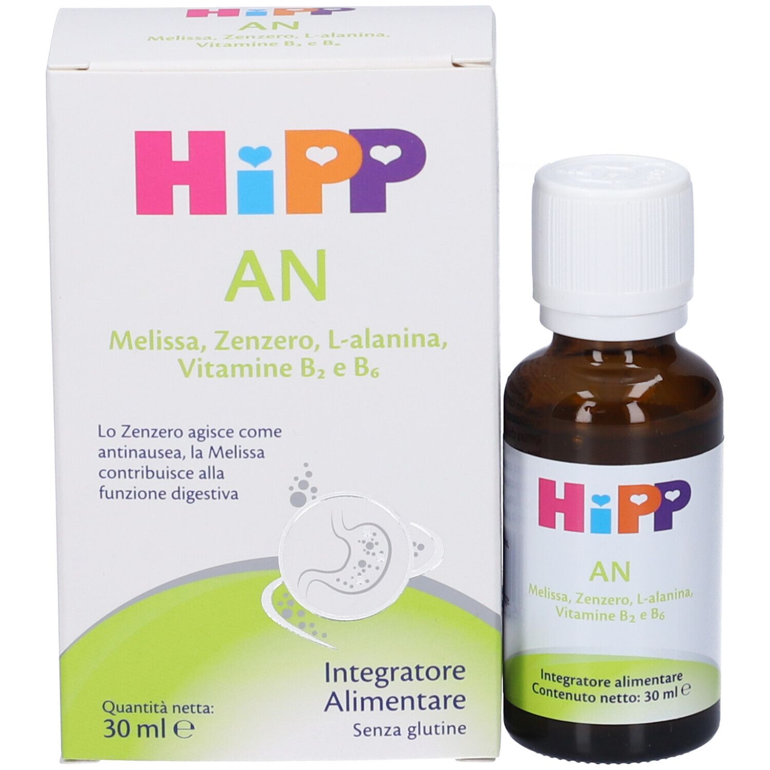 Flacone e confezione del prodotto. Scatola bianca con nome del prodotto, ingredienti e volume. Flacone accanto.