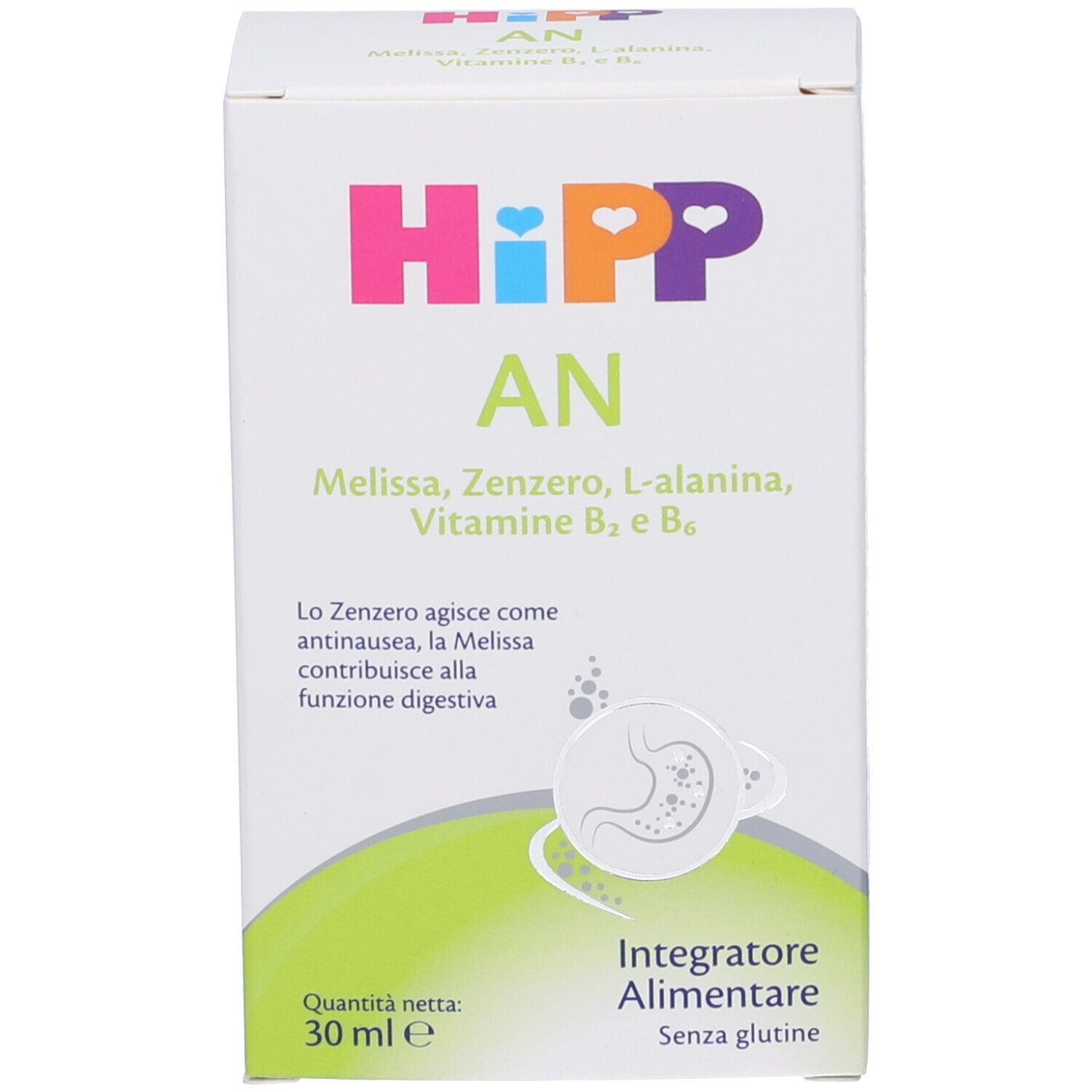 Scatola bianca con nome del prodotto, ingredienti e volume. Illustrazione di uno stomaco.