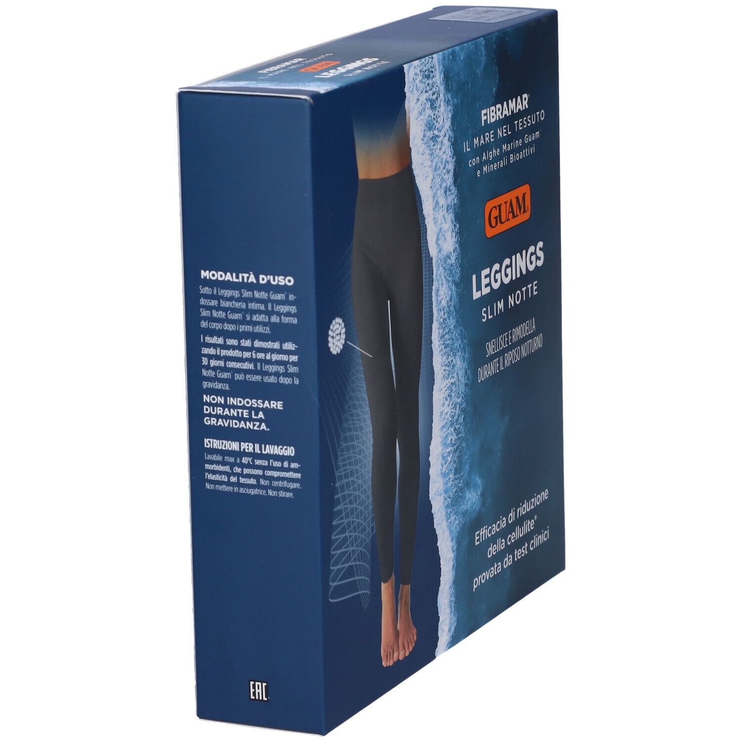 Confezione, vista laterale. Scritta: Guam Leggings Slim Notte. Testo: Fibramar, alghe. Immagine del prodotto. Istruzioni per l'uso.