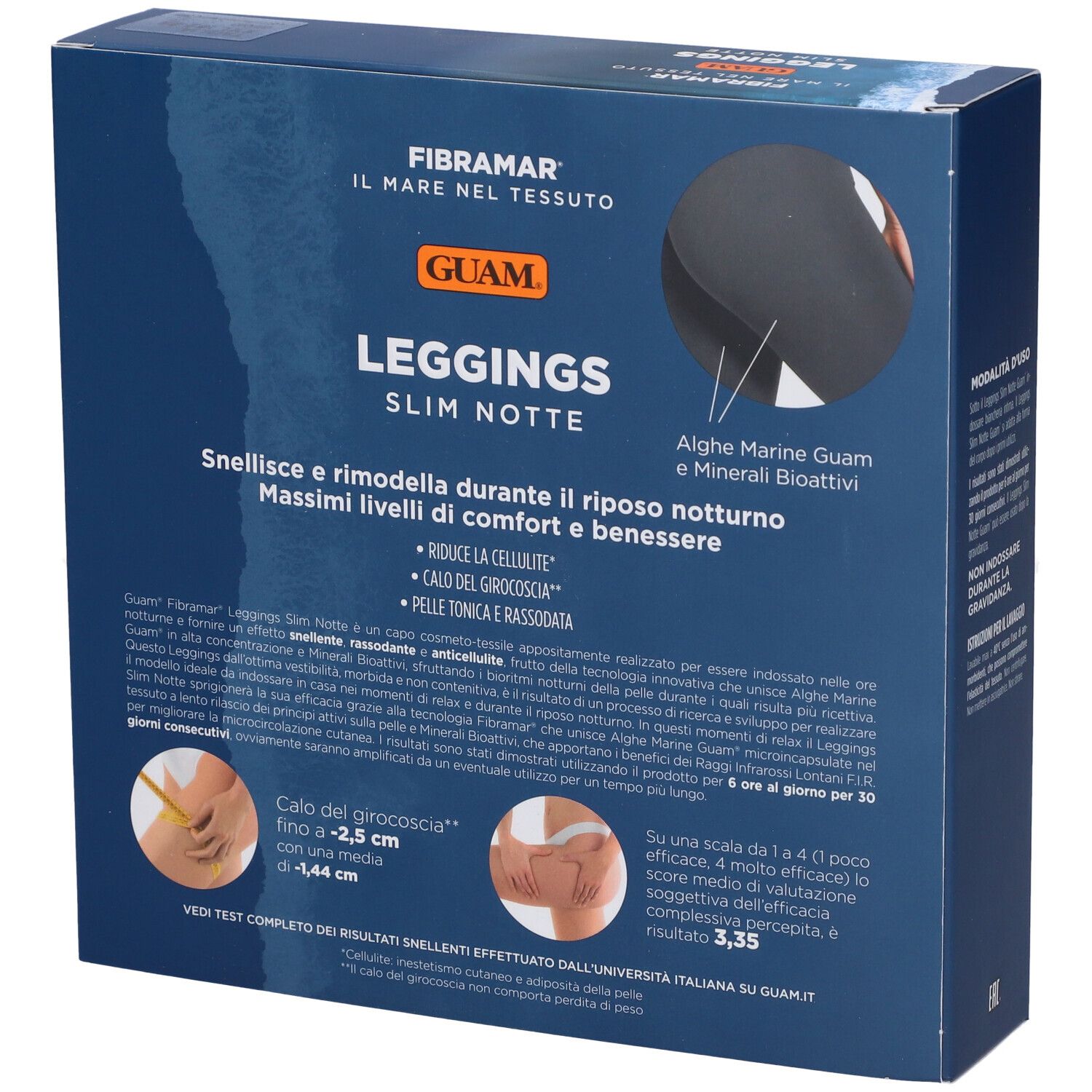 Confezione, vista dettagliata. Scritta: Guam Leggings Slim Notte. Testo: Fibramar, alghe. Immagine del prodotto. Grafici sugli effetti.