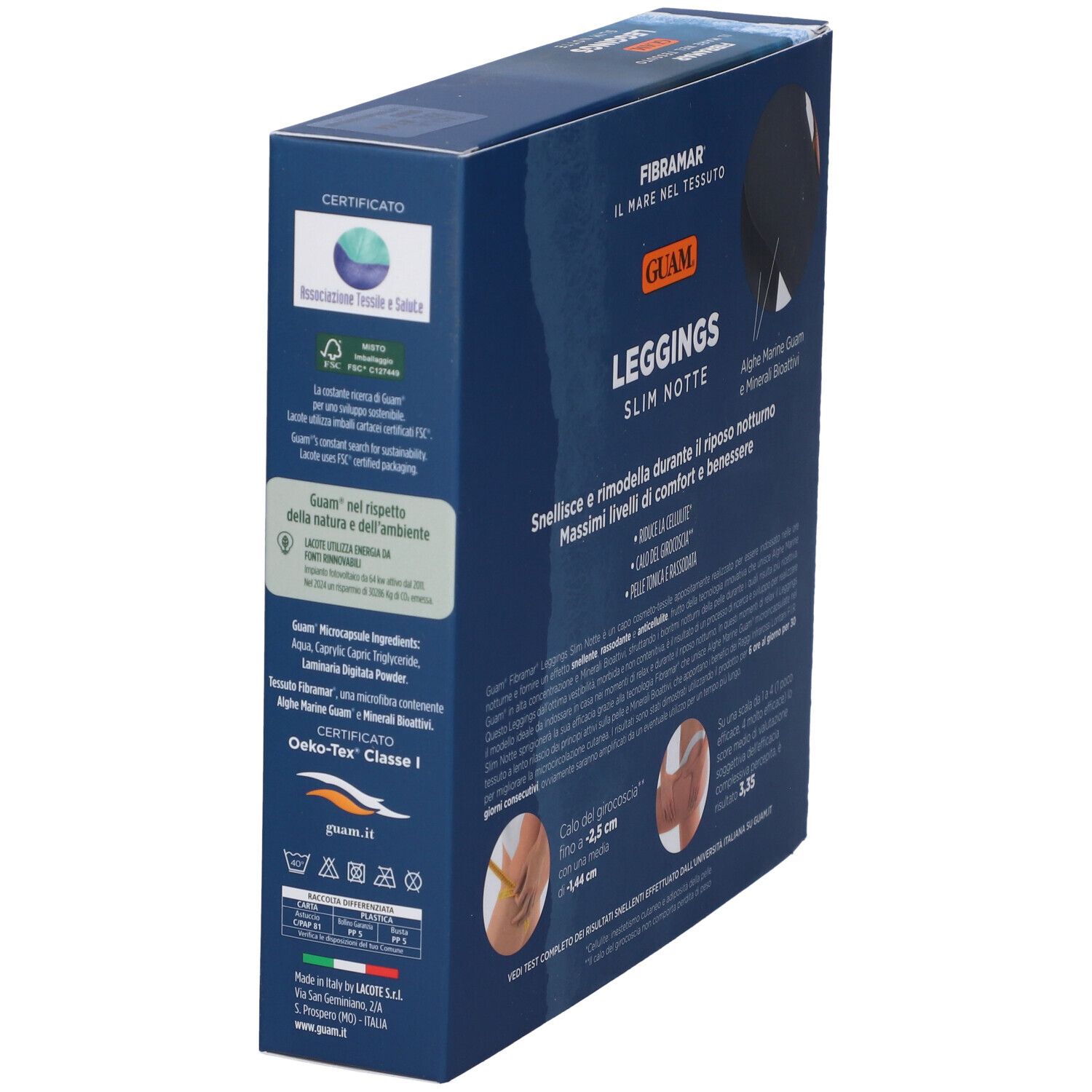 Confezione, vista laterale. Scritta: Guam Leggings Slim Notte. Testo: Fibramar, alghe. Certificazioni e ingredienti.