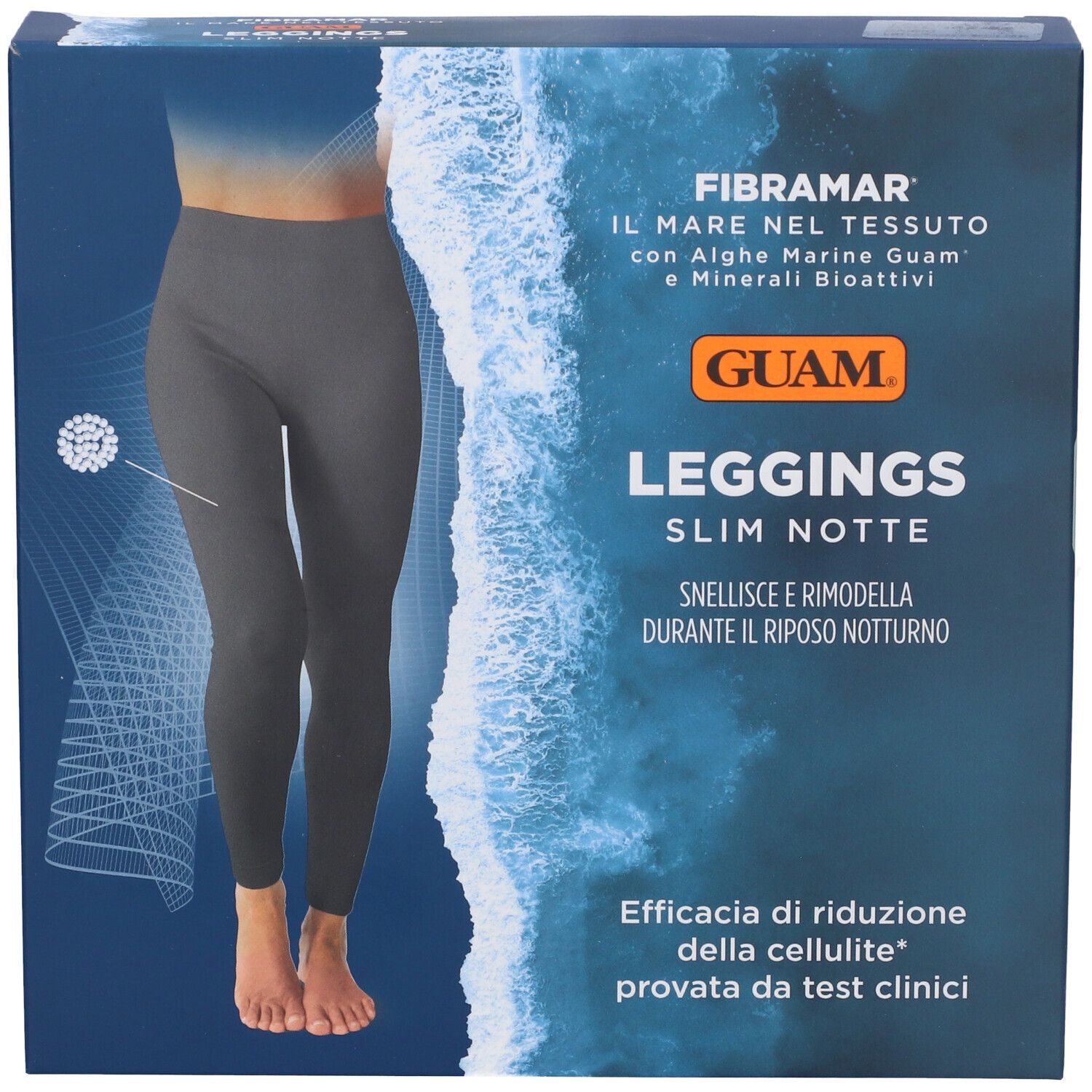 Confezione di leggings. Scritta: Guam Leggings Slim Notte. Immagine di donna in leggings grigi. Testo: Fibramar, alghe marine.