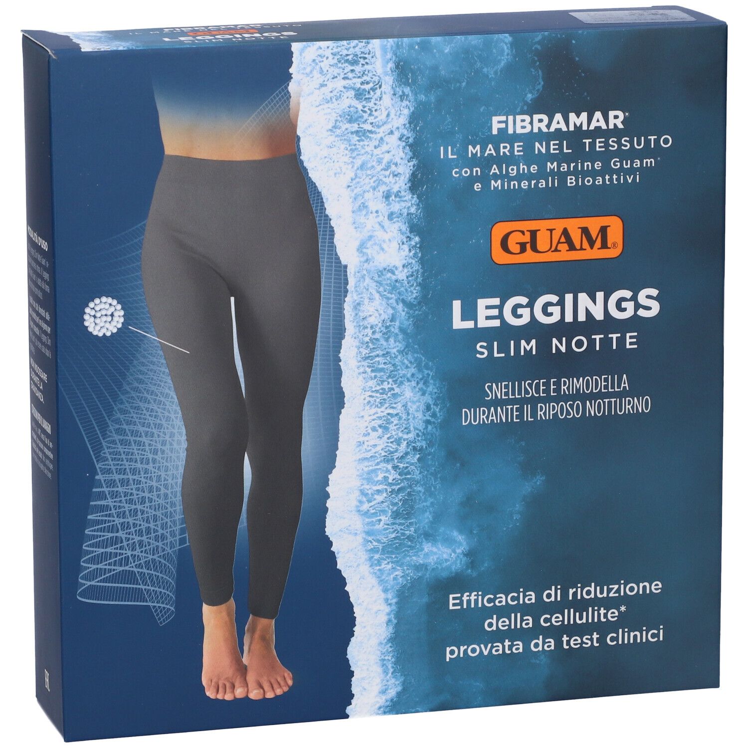 Confezione di leggings. Scritta: Guam Leggings Slim Notte. Immagine di donna in leggings grigi. Testo: Fibramar, alghe marine.