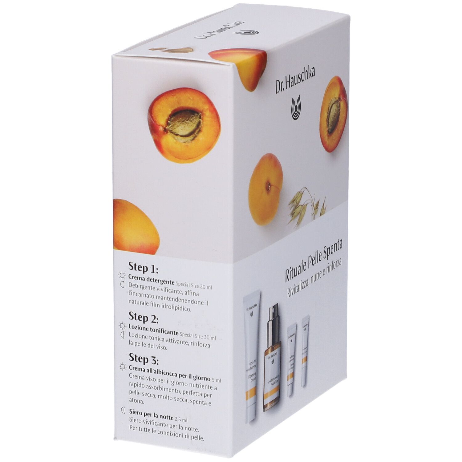 Confezione di cosmetici. Scritte: Dr. Hauschka, Rituale Pelle Spenta. Immagini di albicocche e descrizioni dei prodotti.