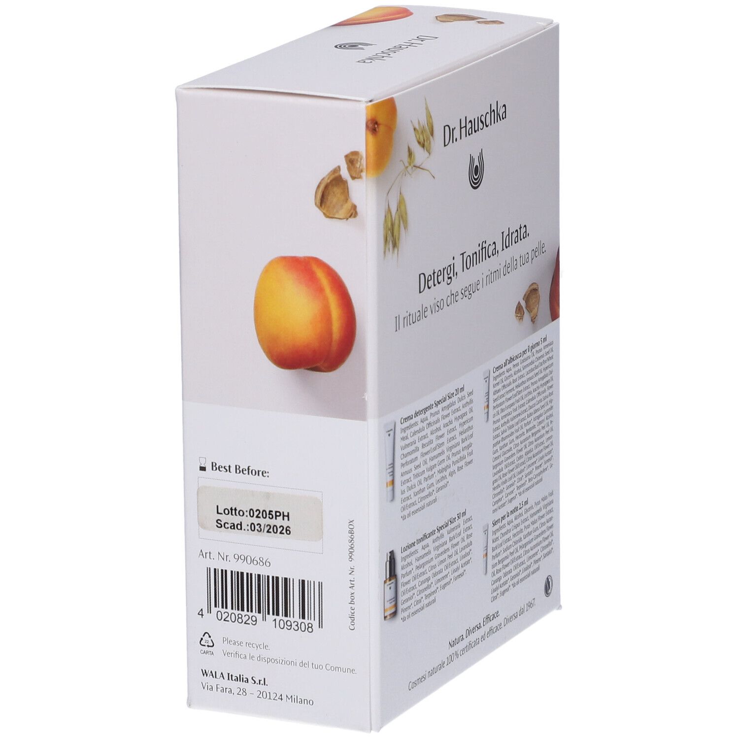 Confezione di cosmetici. Scritte: Dr. Hauschka, Rituale Pelle Spenta. Data di scadenza e numero di lotto.