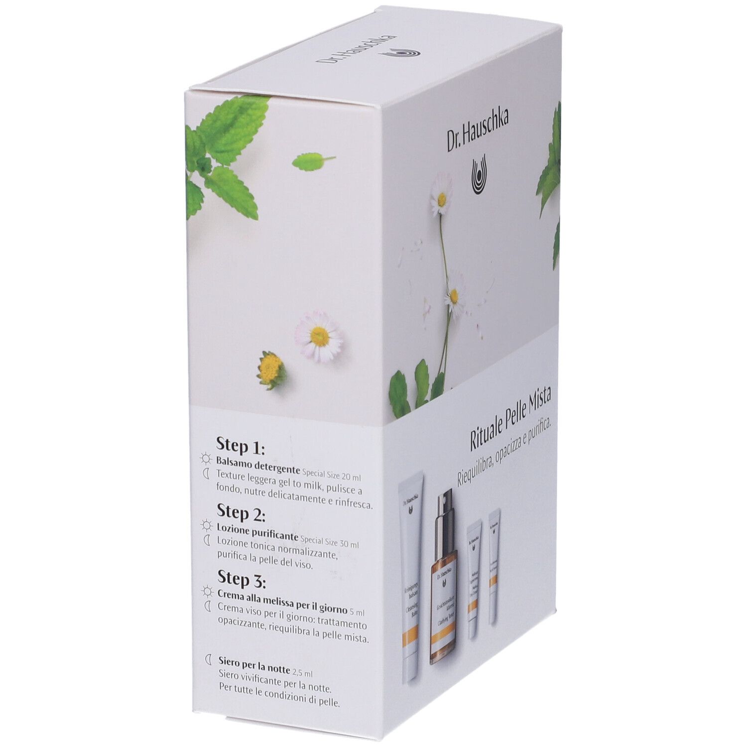 Vista laterale della confezione del prodotto con testo e immagini. Logo e testo "Dr. Hauschka".