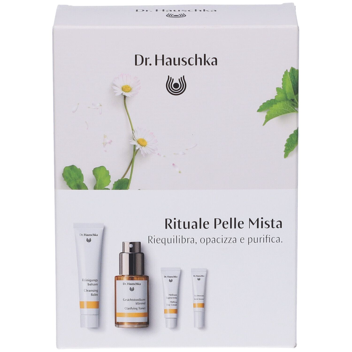 Confezione del prodotto con immagini e testo "Rituale Pelle Mista". Logo e testo "Dr. Hauschka".