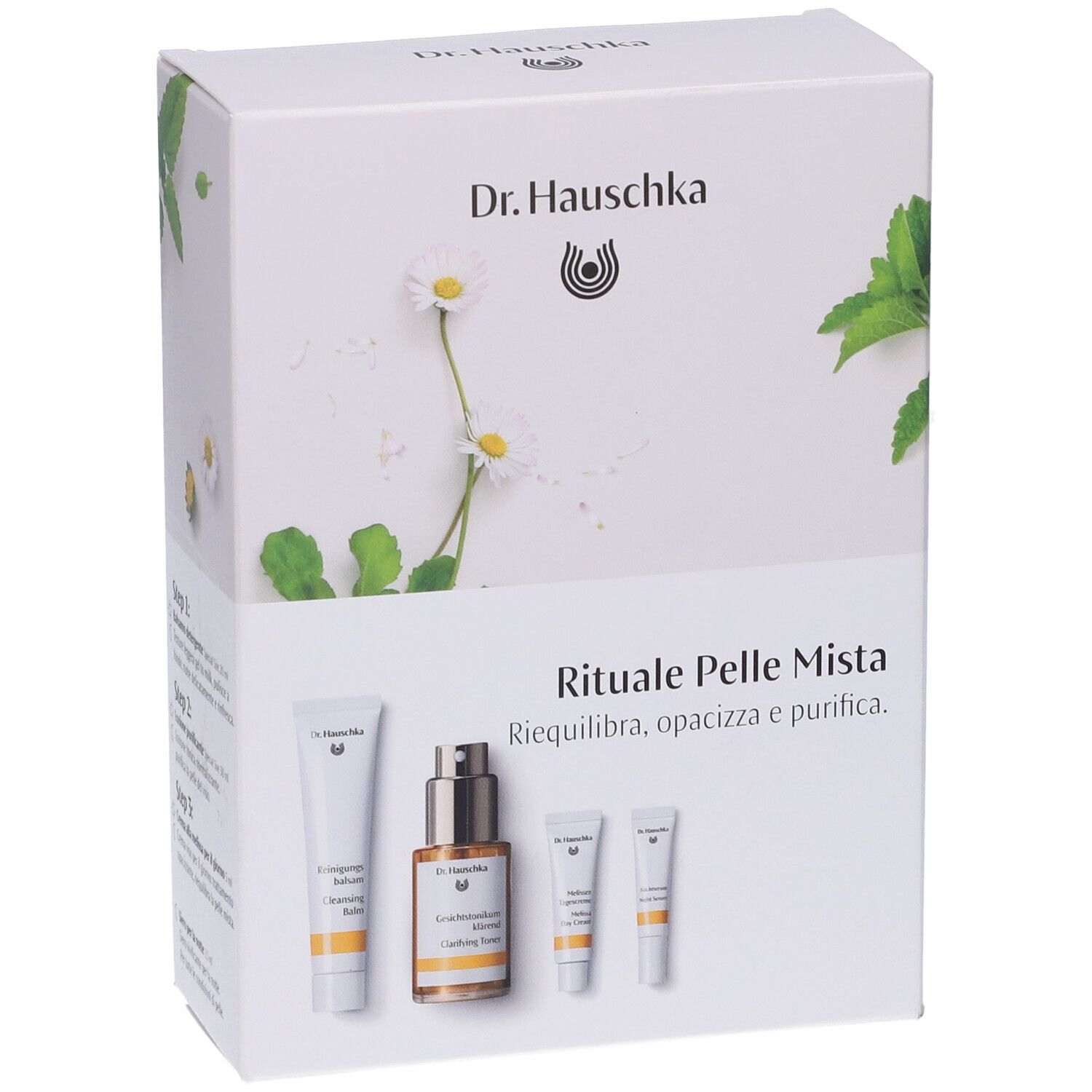 Confezione del prodotto con immagini e testo "Rituale Pelle Mista". Logo e testo "Dr. Hauschka".