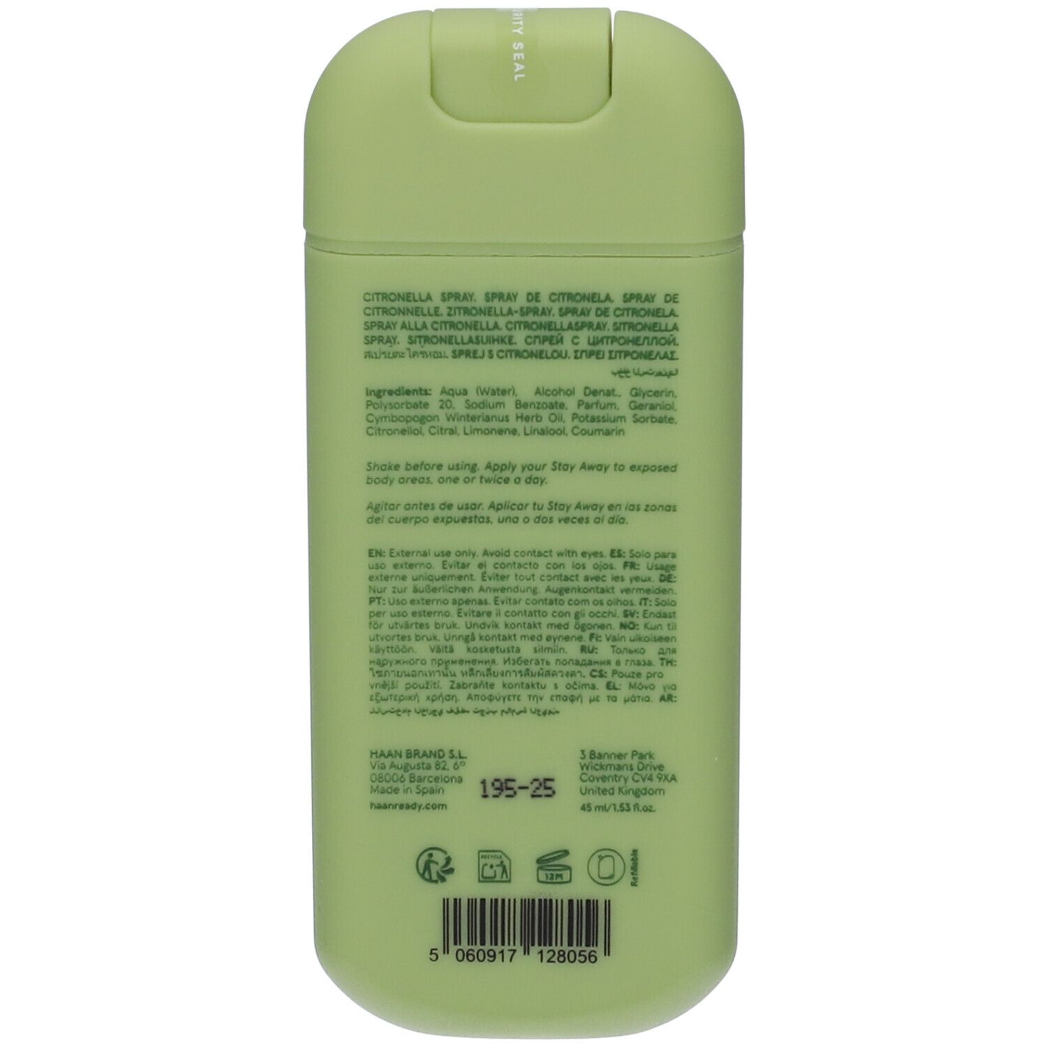 Retro del flacone spray verde. Testo multilingue. Ingredienti, istruzioni per l'uso, informazioni sul produttore.