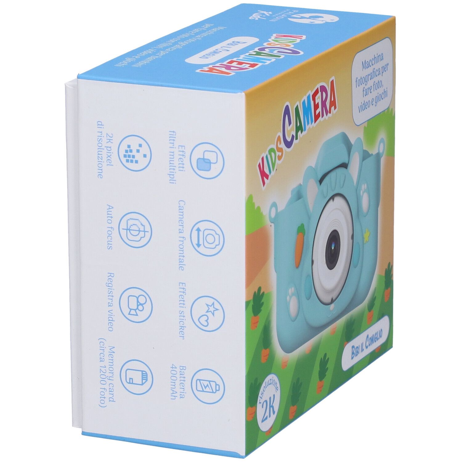 Confezione della fotocamera per bambini. Icone e testo sul lato. Sulla confezione "KIDS CAMERA".