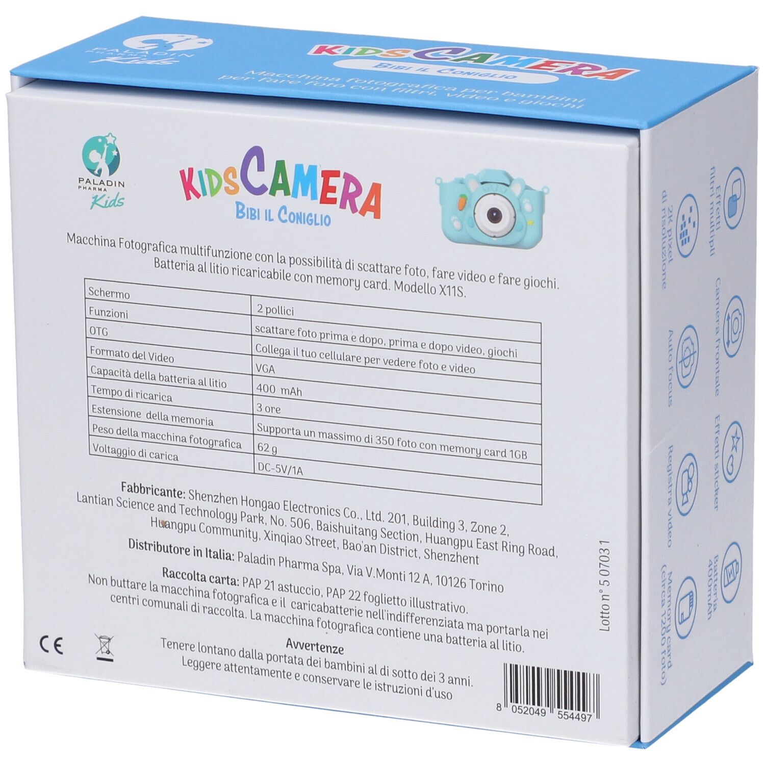 Retro della confezione della fotocamera per bambini. Testo in italiano. Logo Paladin Pharma Kids.