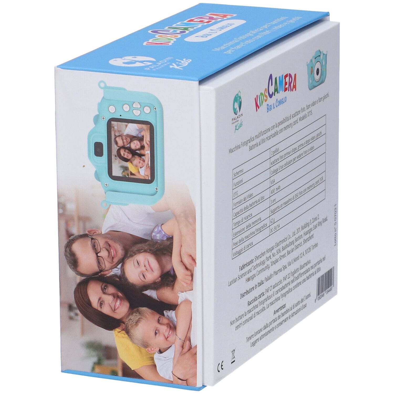 Confezione della fotocamera per bambini. Sul retro è raffigurata una famiglia. Sulla confezione "KIDS CAMERA".