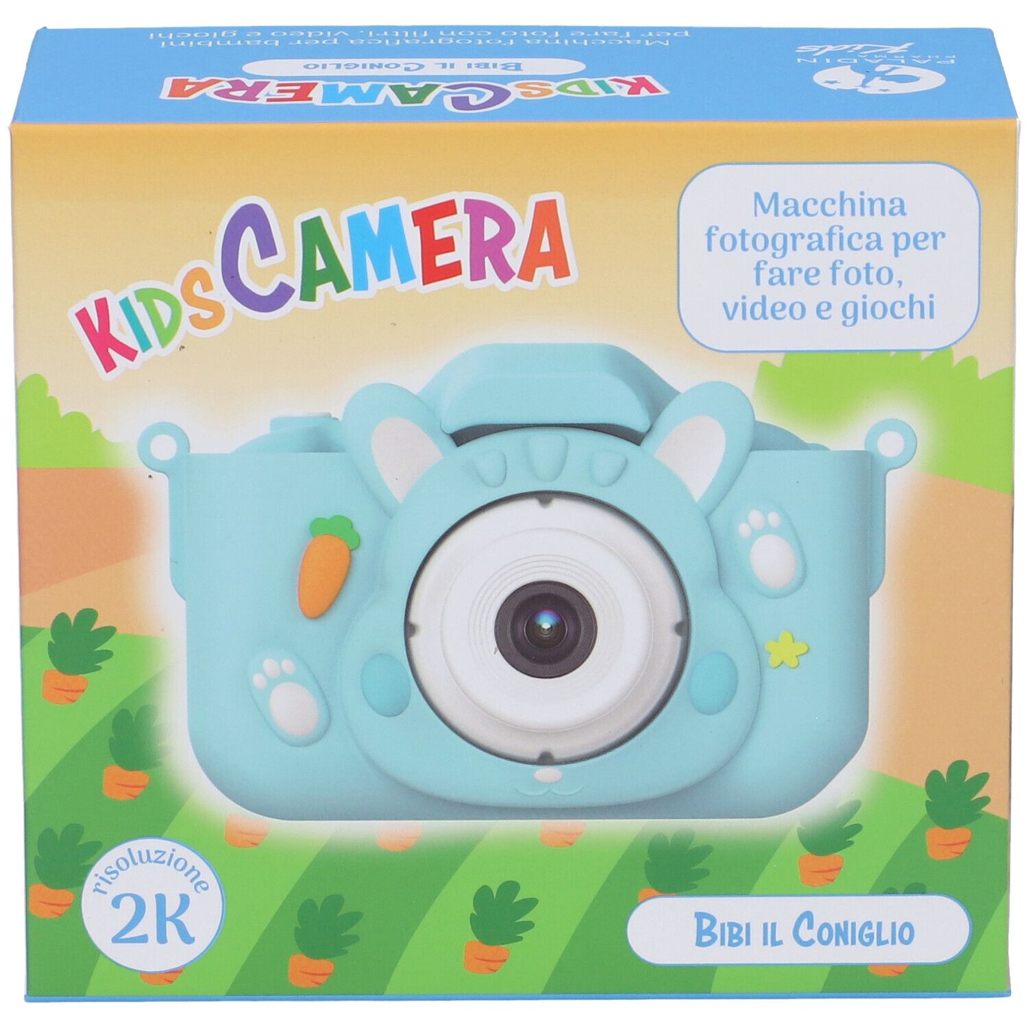 Fotocamera blu per bambini a forma di coniglio. Sulla confezione "KIDS CAMERA" e "Bibi il Coniglio".