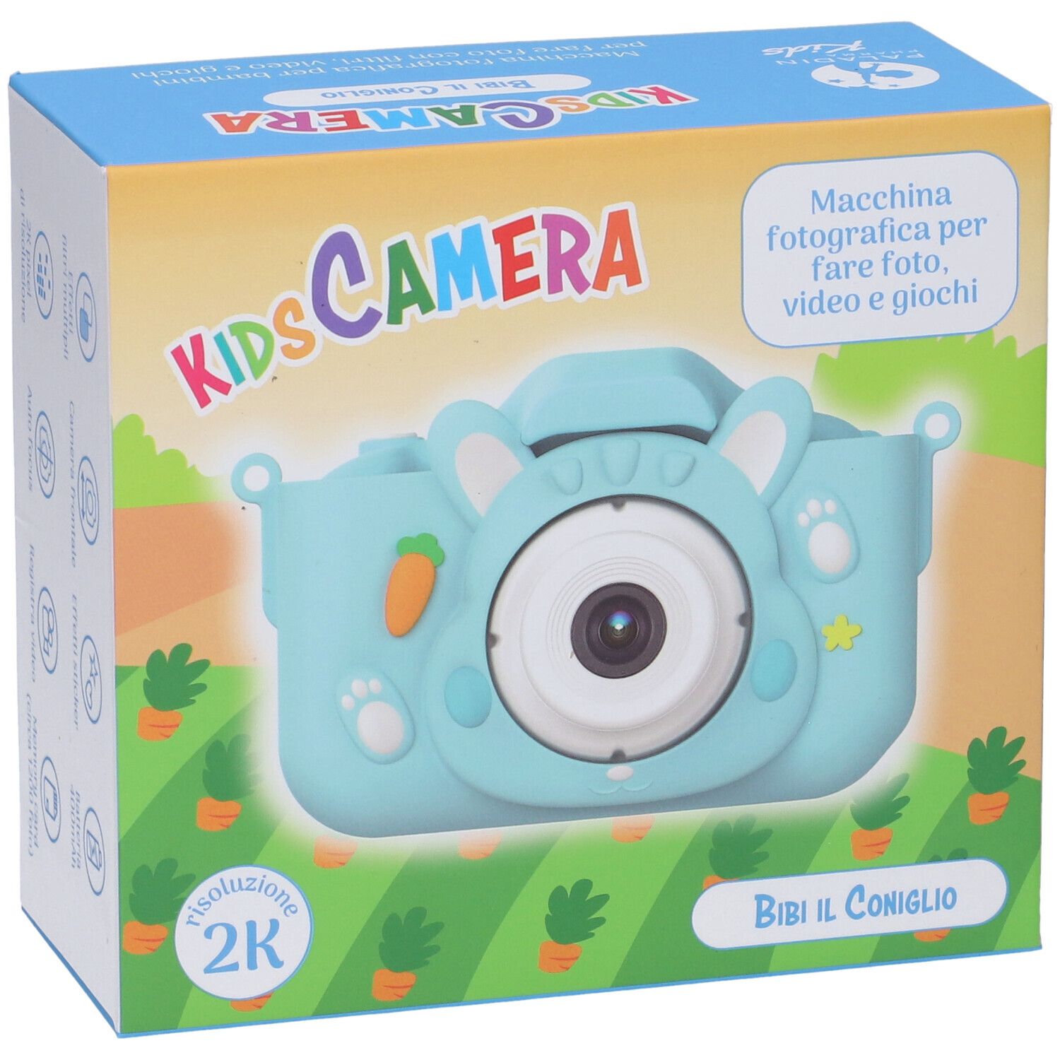Fotocamera blu per bambini a forma di coniglio. Sulla confezione "KIDS CAMERA" e "Bibi il Coniglio".