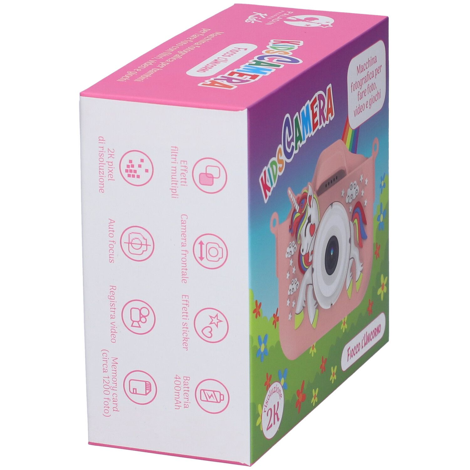 Confezione fotocamera rosa per bambini con unicorno. Scritta: KIDS CAMERA. Vista laterale con dettagli tecnici e icone.