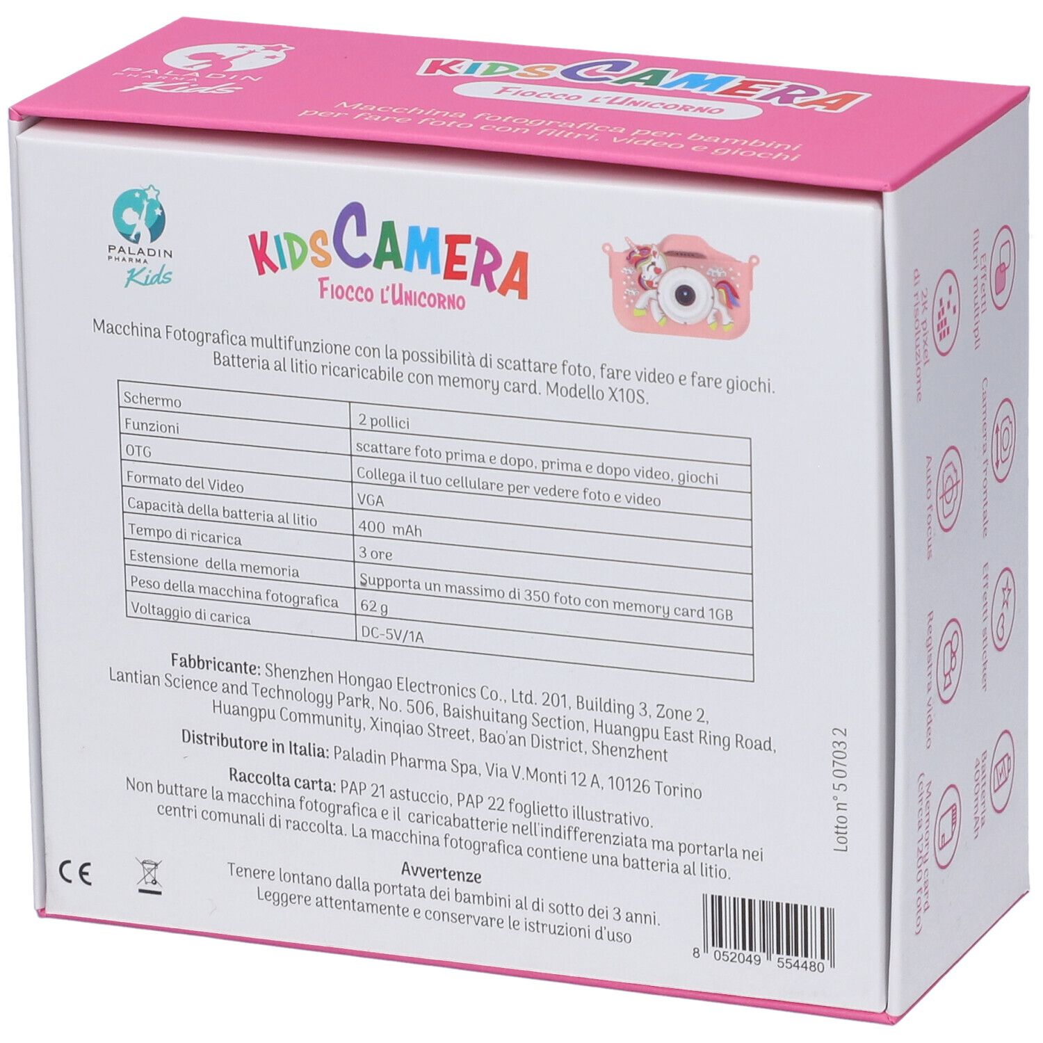 Confezione fotocamera per bambini. Scritta: KIDS CAMERA, Fiocco l'Unicorno. Testo in italiano. Logo Paladin Pharma.