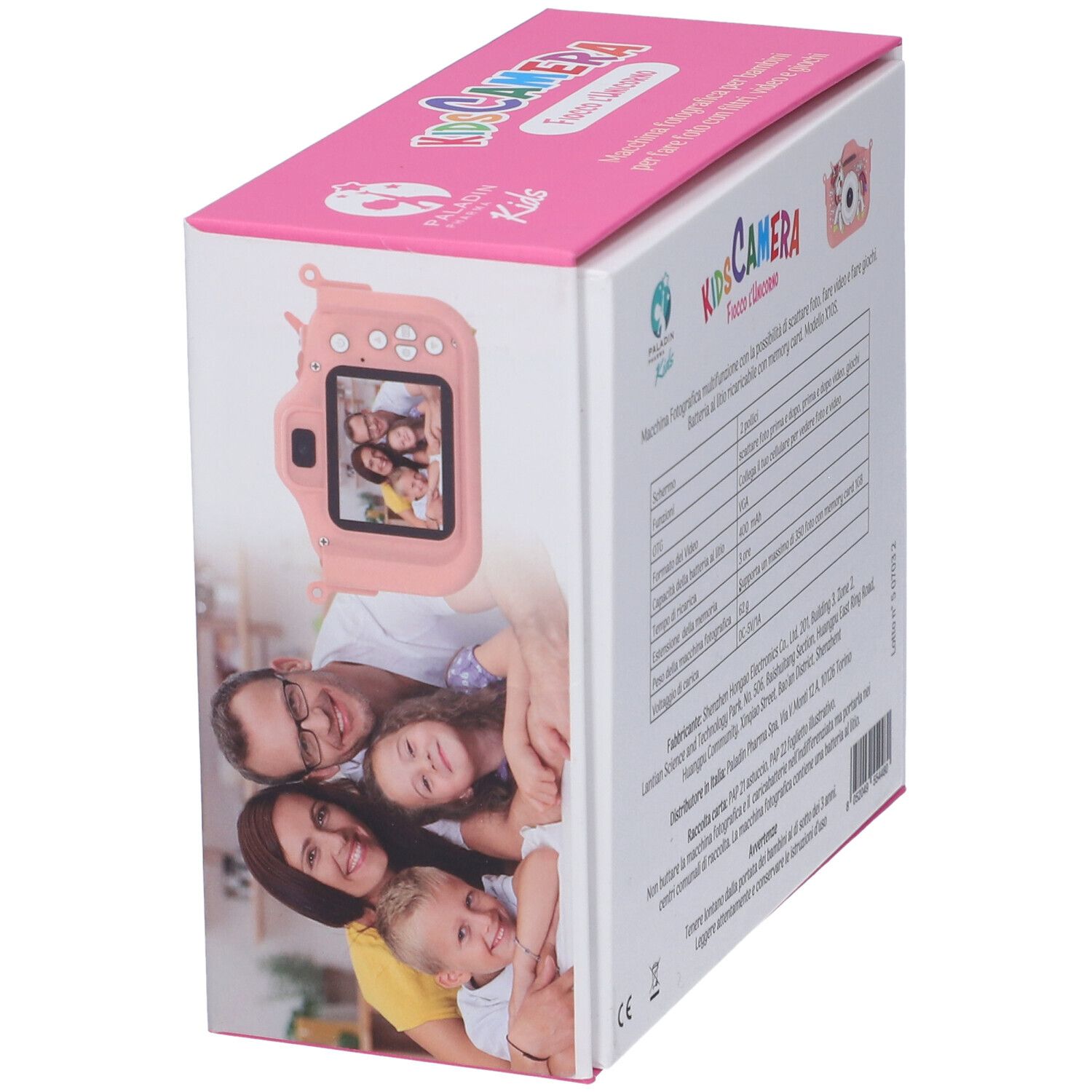 Confezione fotocamera per bambini con foto di famiglia. Scritta: KIDS CAMERA. Logo Paladin Kids. Colori rosa e bianco.